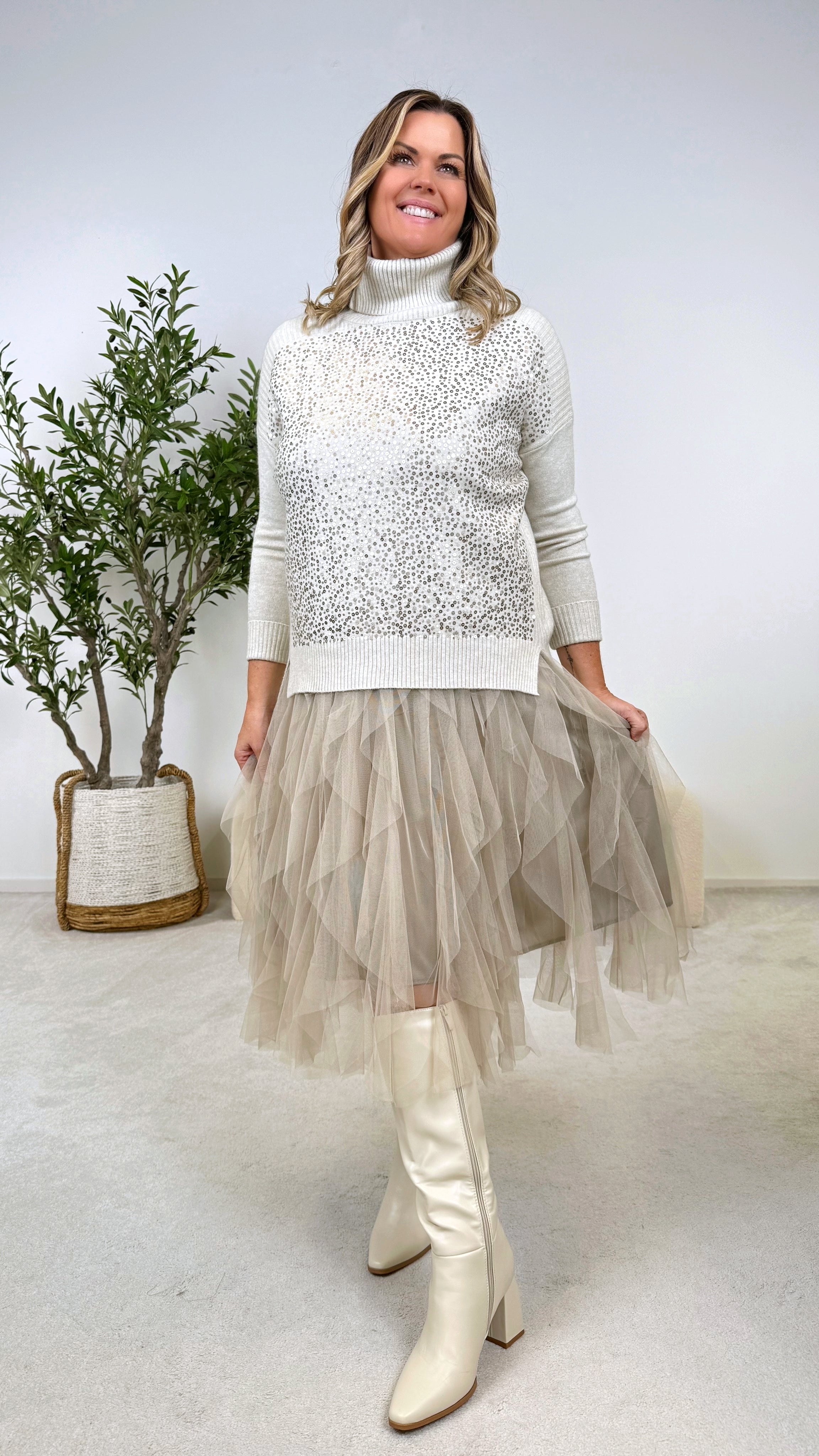 Rollkragenpullover Glitter Front *Beige* US-5626