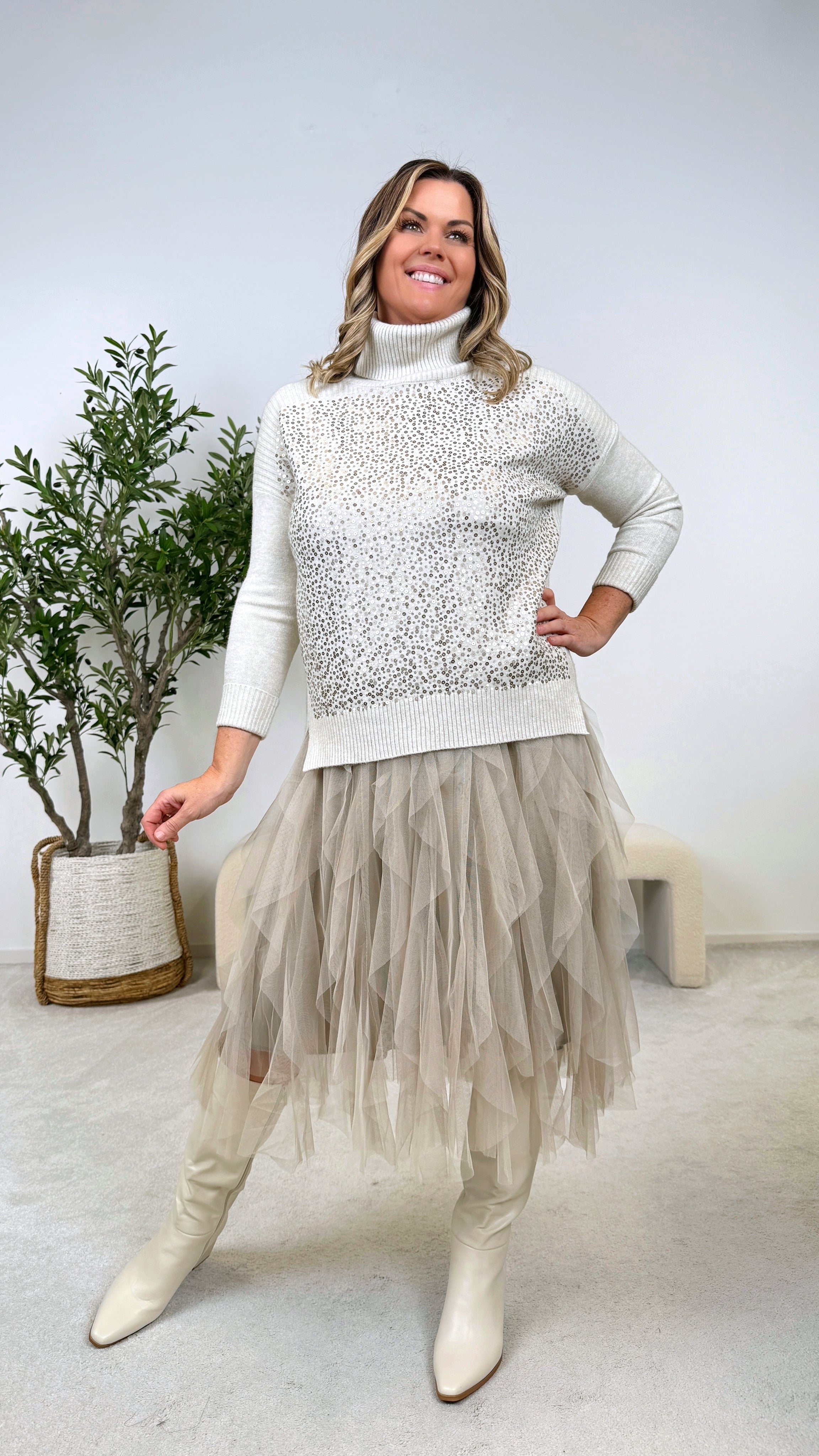 Rollkragenpullover Glitter Front *Beige* US-5626