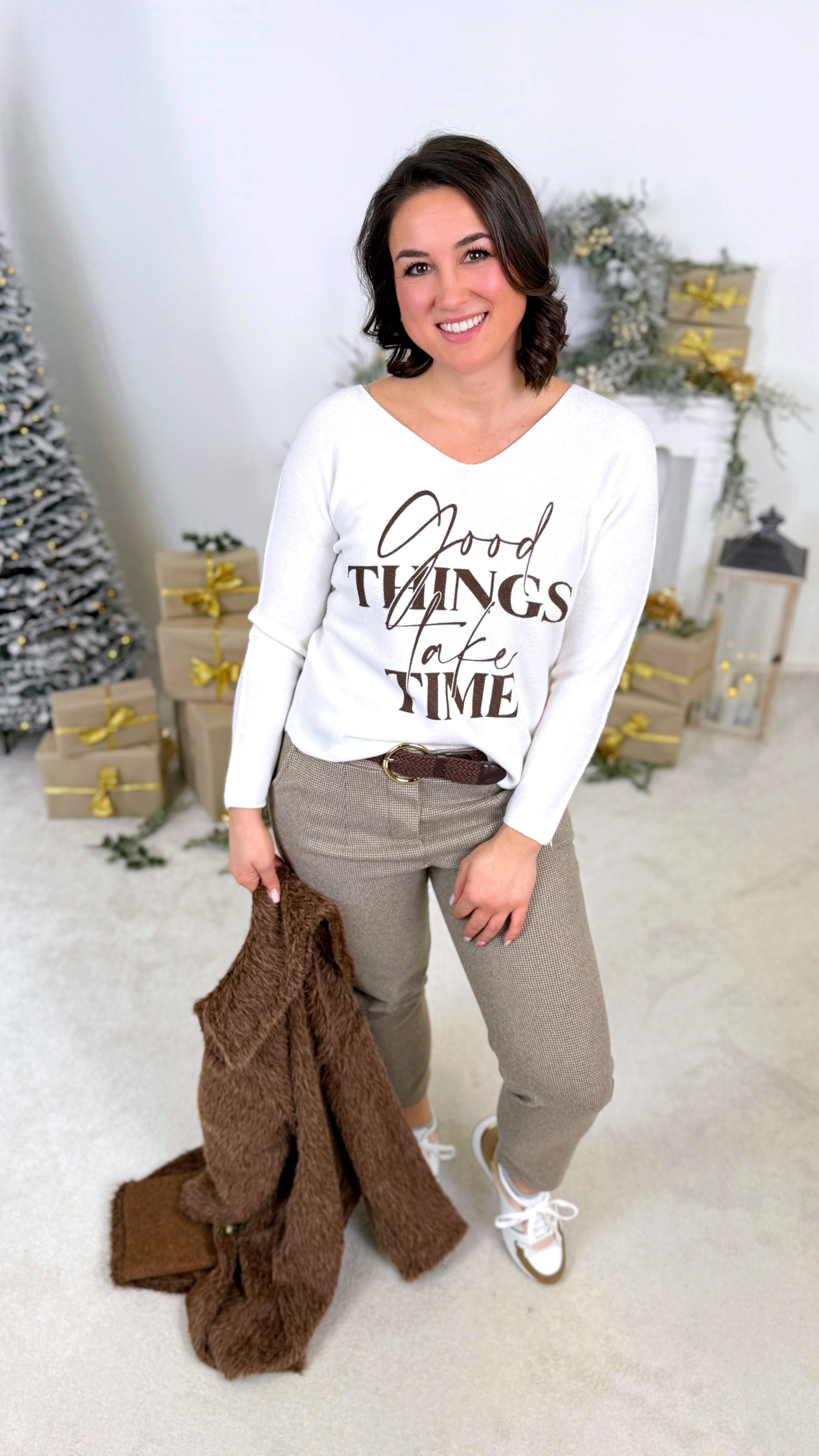 Pullover Good Things Take Time *Weiß/Schoko*