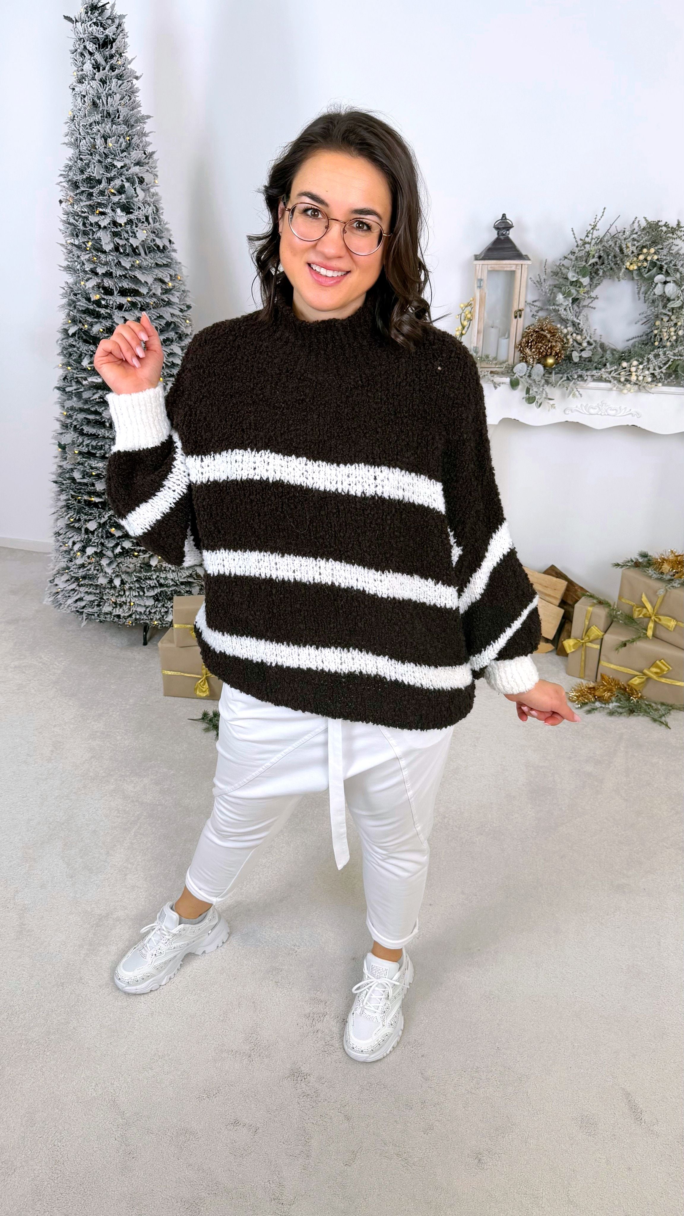 Pullover Warm Lines *Dunkelbraun/Weiß*