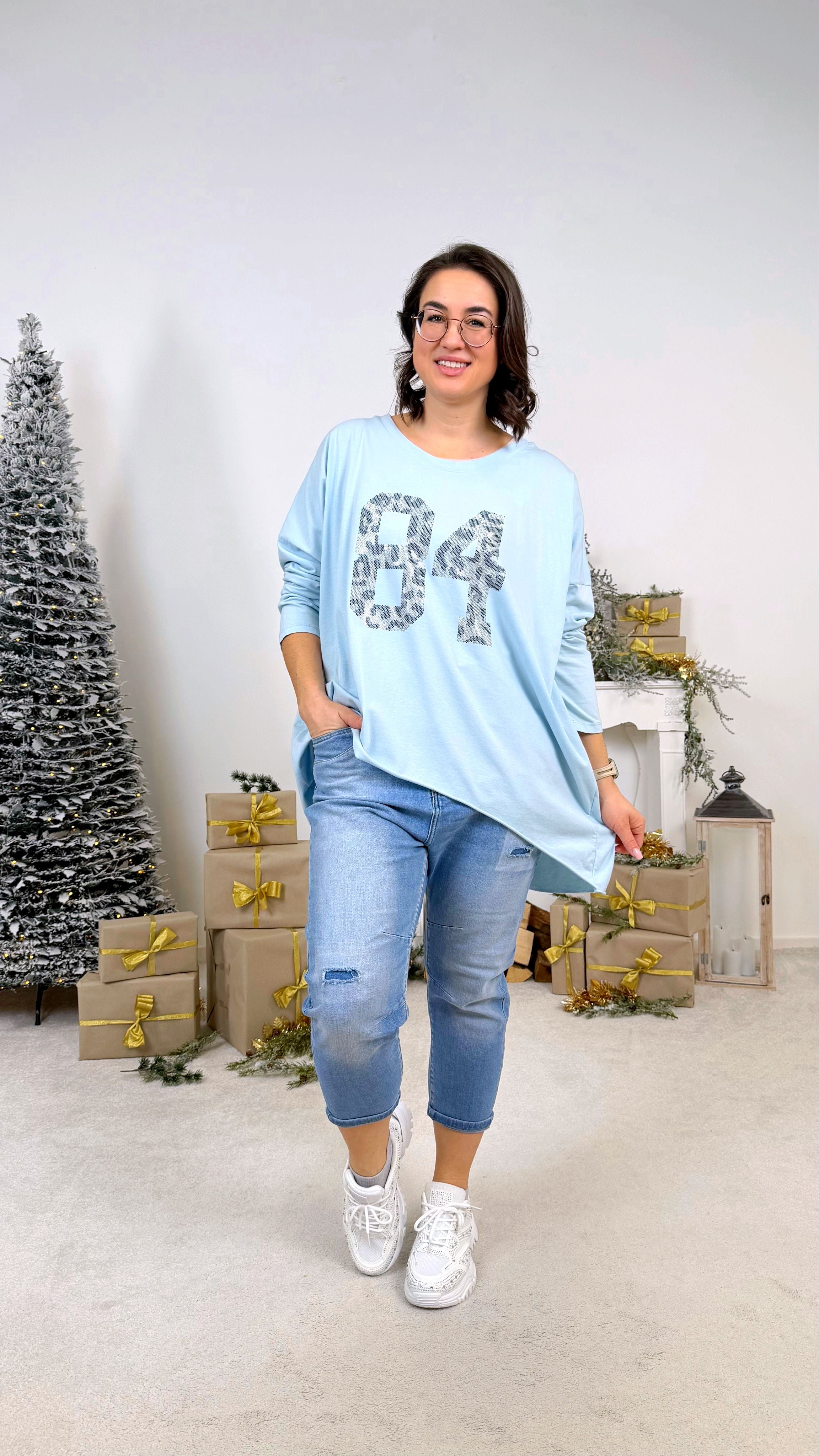 Oversized Langarmshirt Metallic Eightyfour *Hellblau*