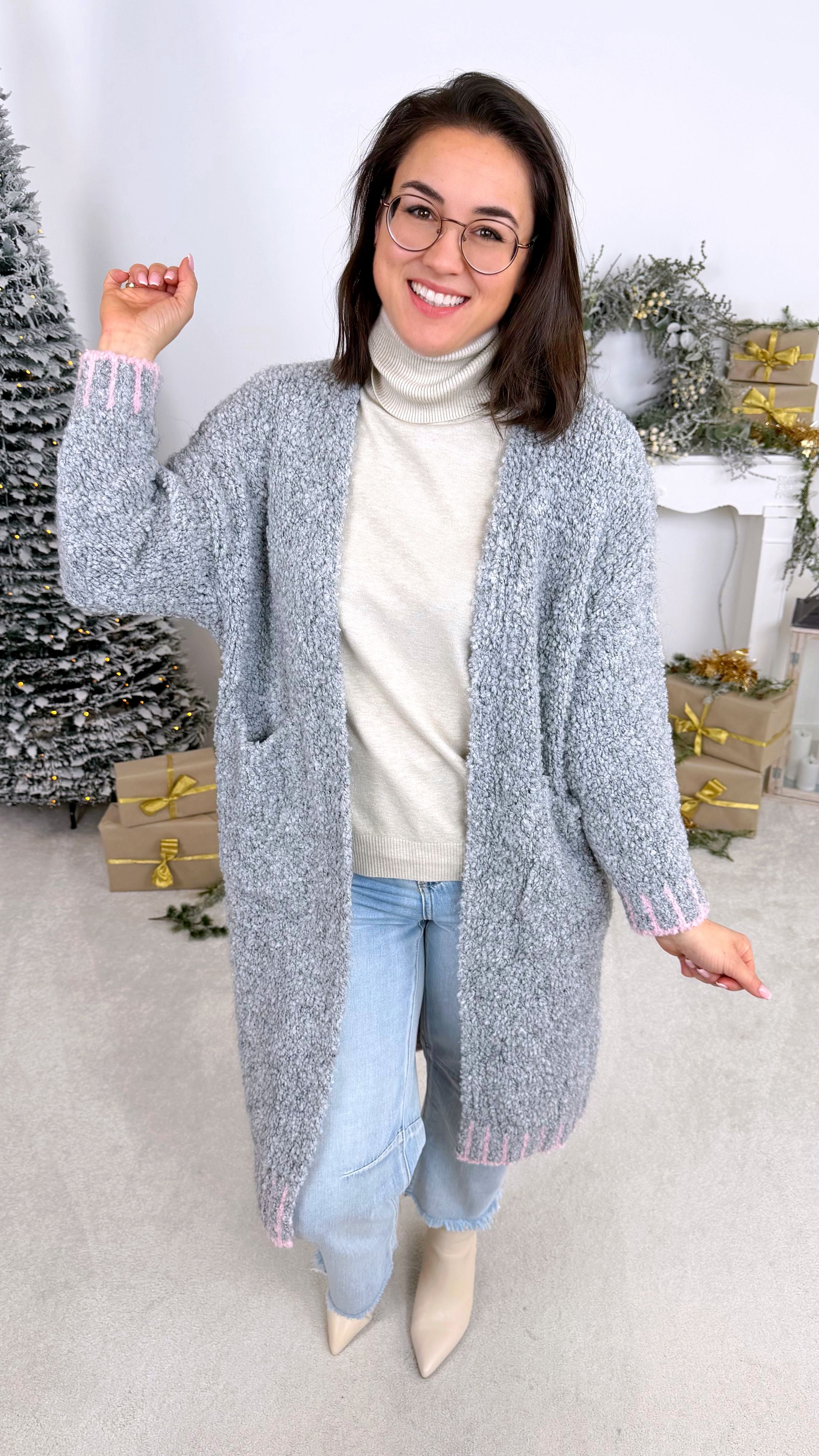 Strickjacke Fluffy Winter *Grau/Rosa*