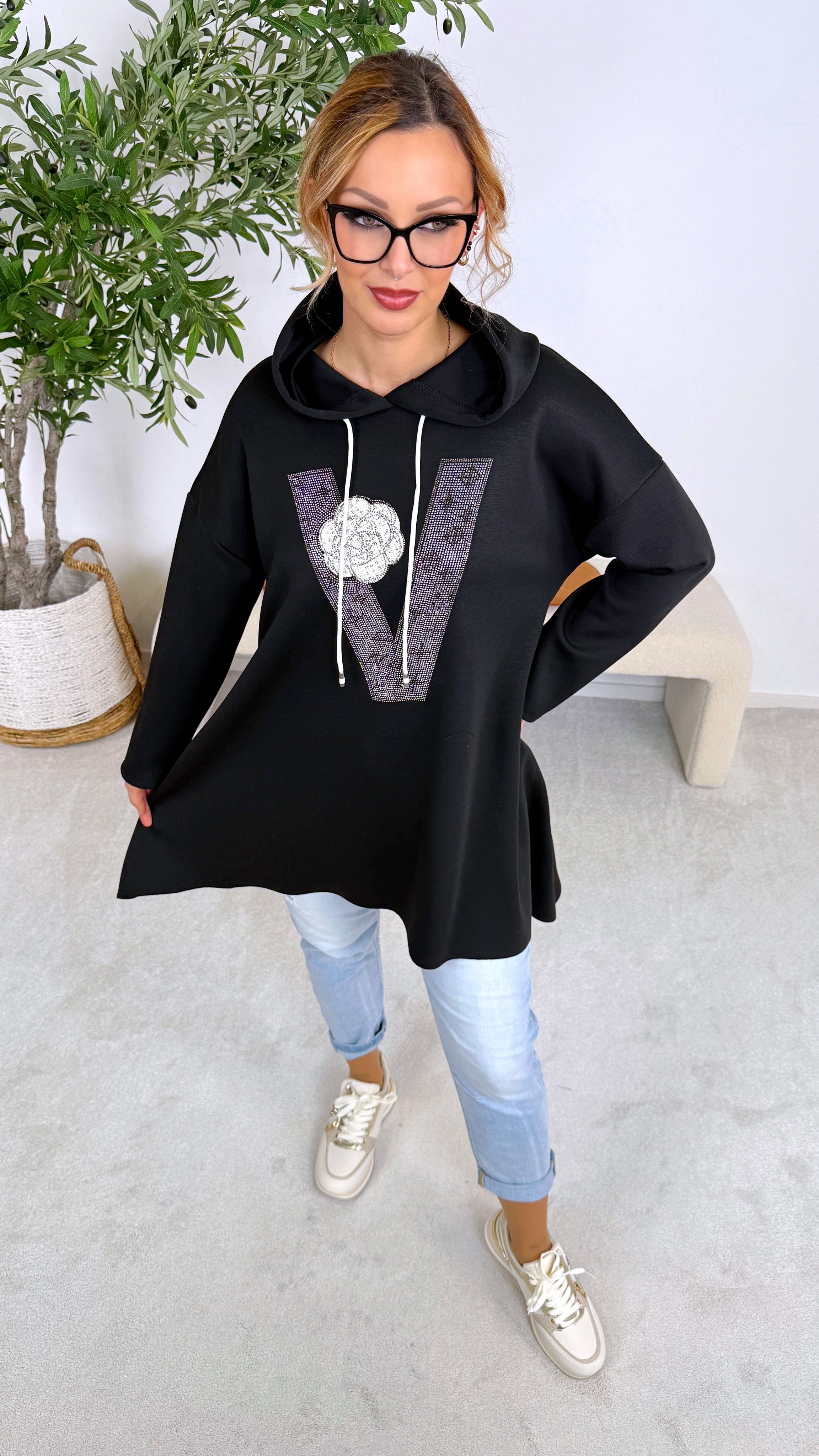 Long Hoodie Shine Letter *Schwarz*