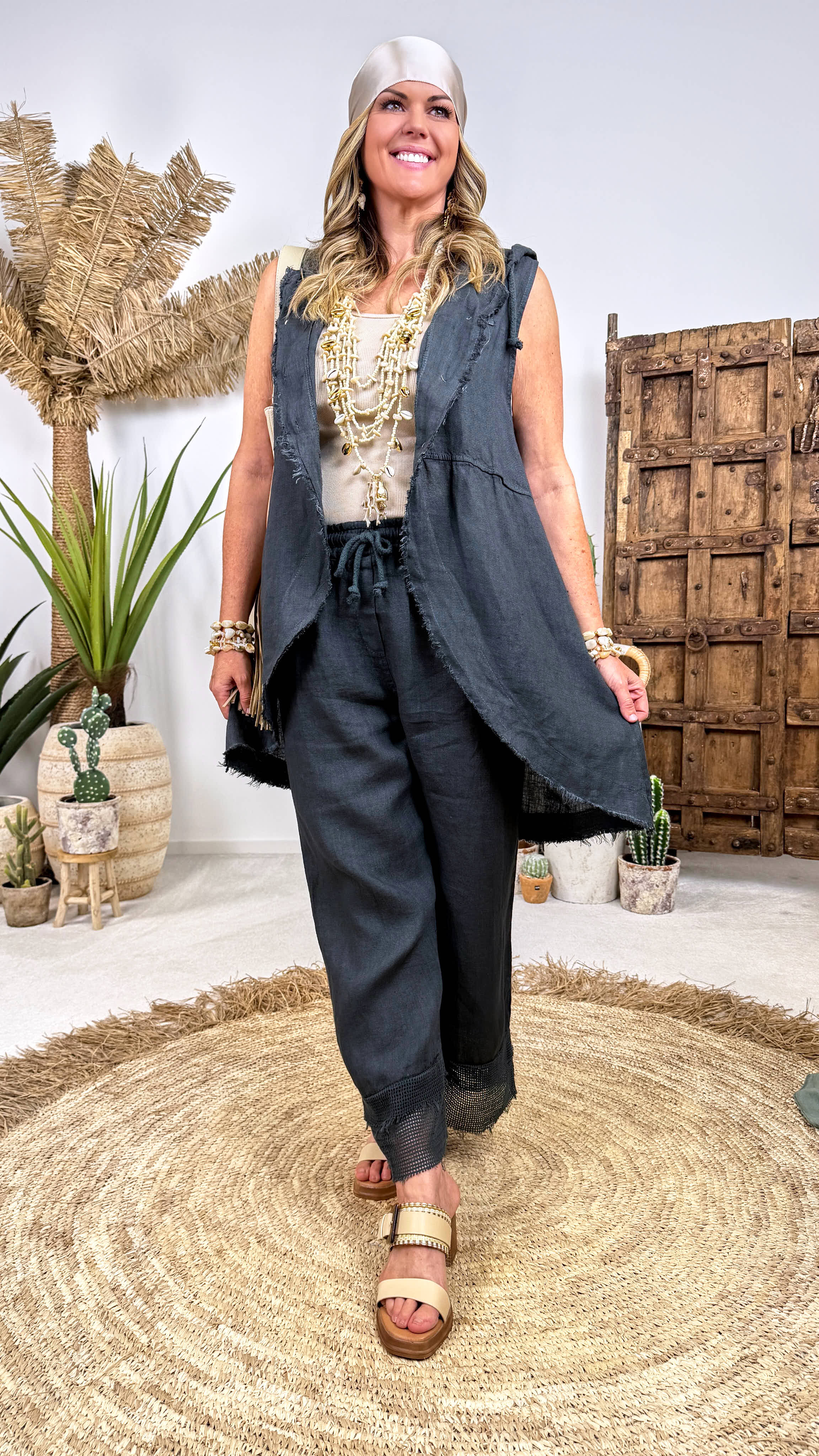 Leinen-Longbluse Boho Hoodie *Dunkelgrau* (lieferbar ab 16.6.26)