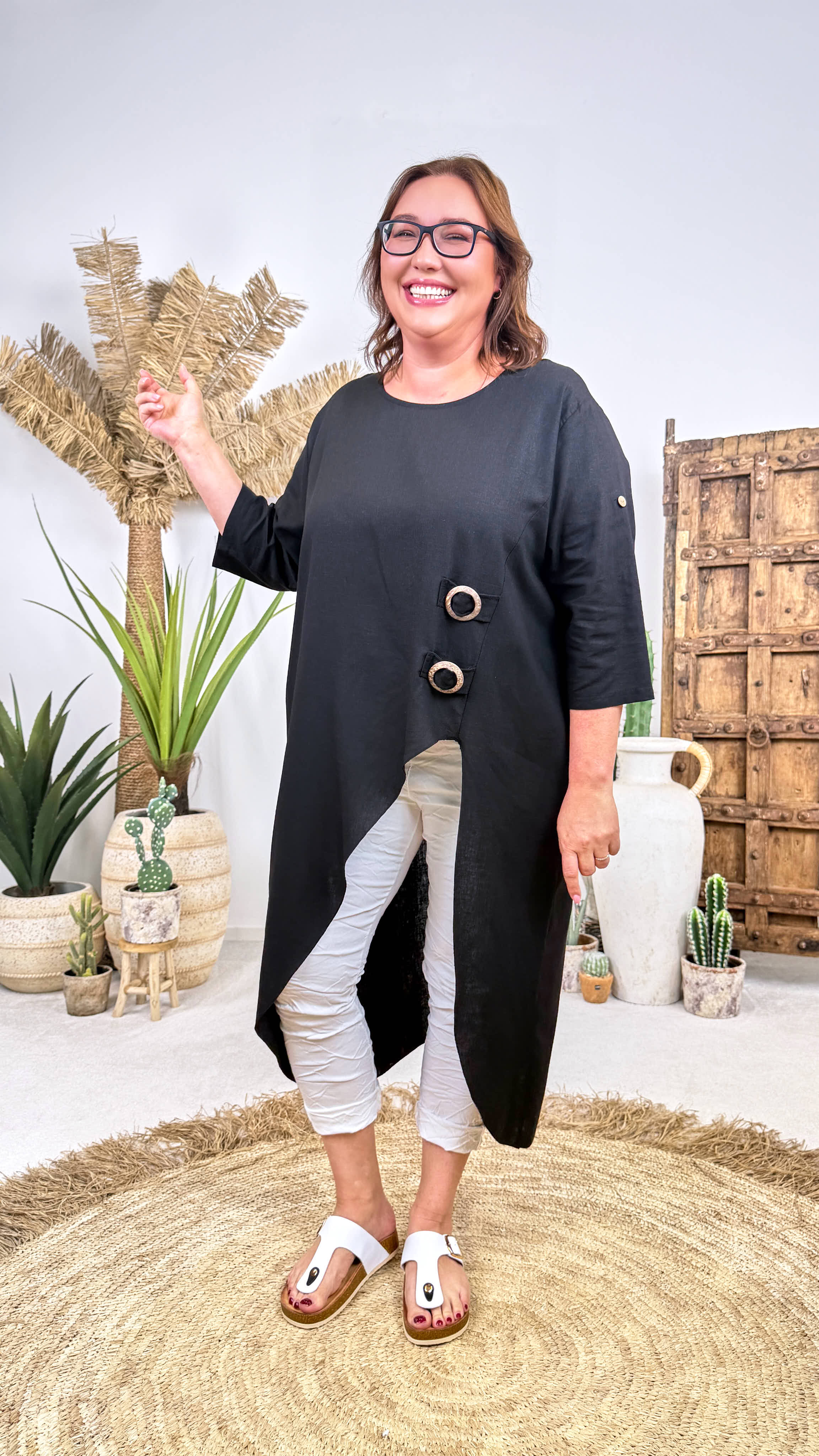 Leinen Long-Shirt Natural Button *Schwarz*