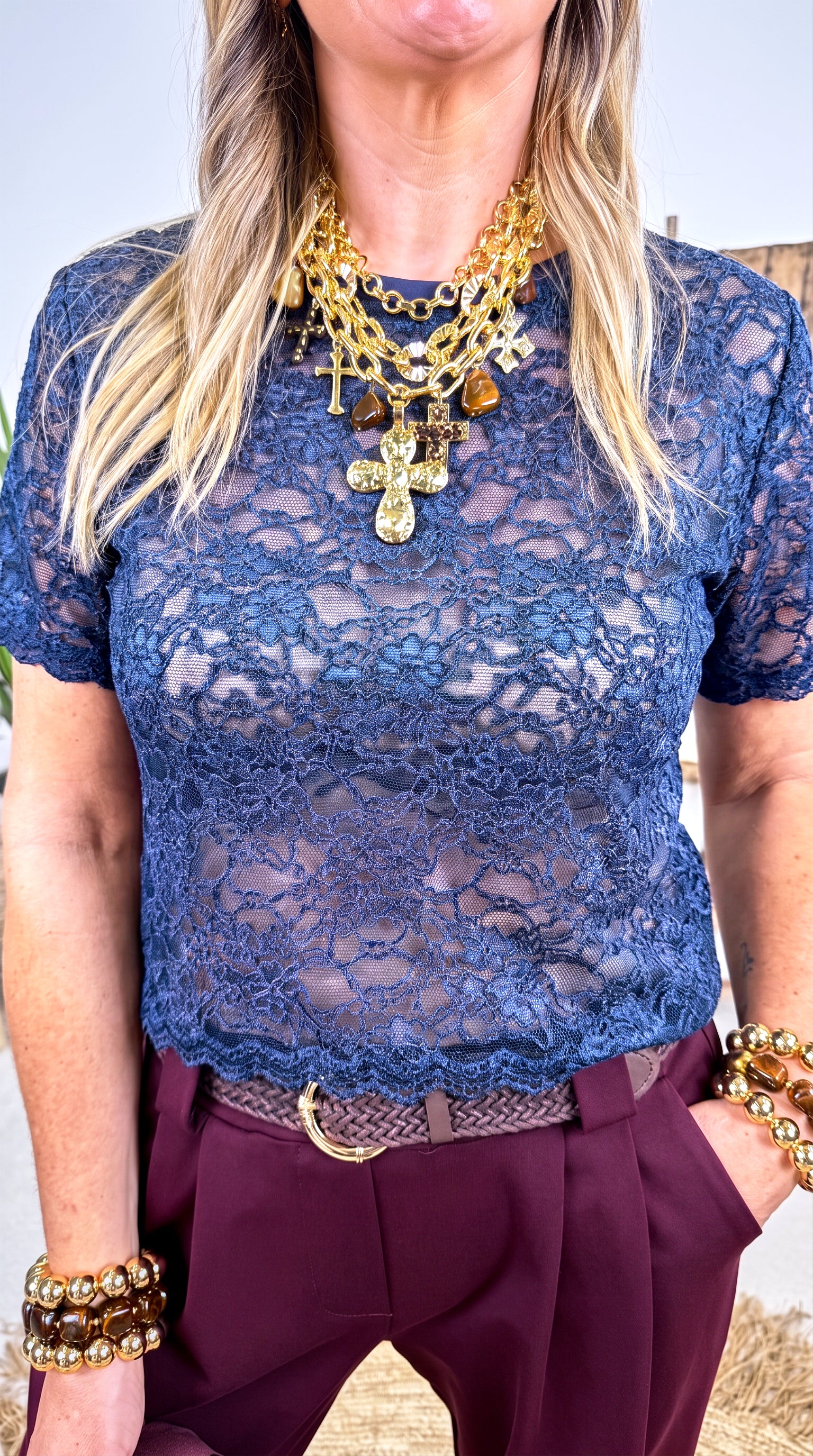 Spitzenshirt Brocade *Dunkelblau*