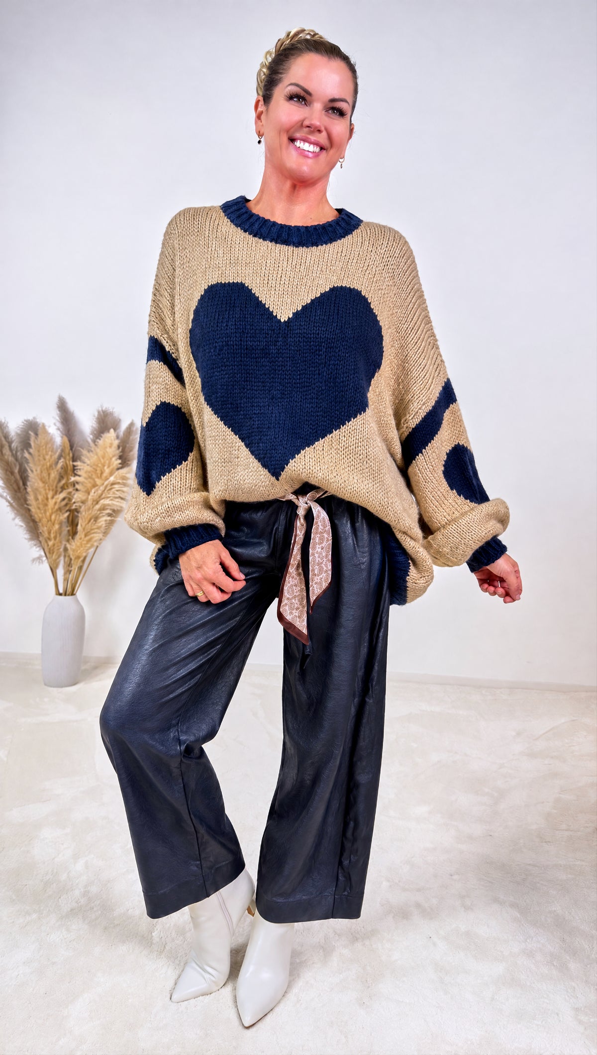 Strickpullover Herzfeuer *Camel/Dunkelblau*