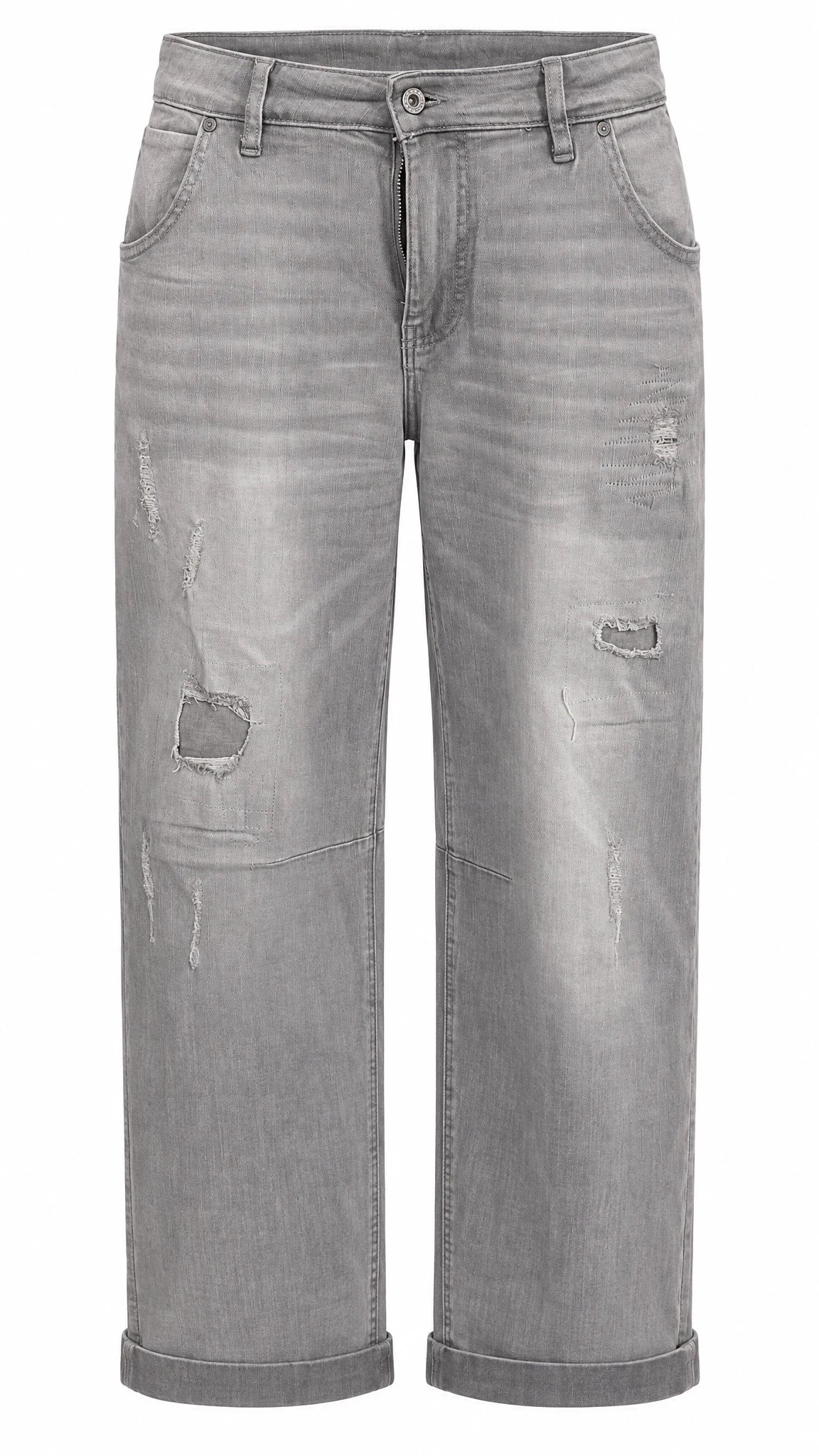 Graue Jeans mit weitem Bein und Destroyed-Details, Fünf-Pocket-Schnitt und umgeschlagenem Saum