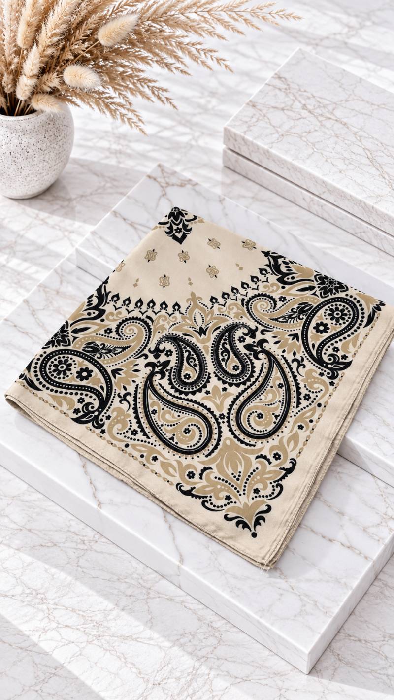 Gefaltetes quadratisches Halstuch mit Paisley-Muster auf Marmoruntergrund in Beige