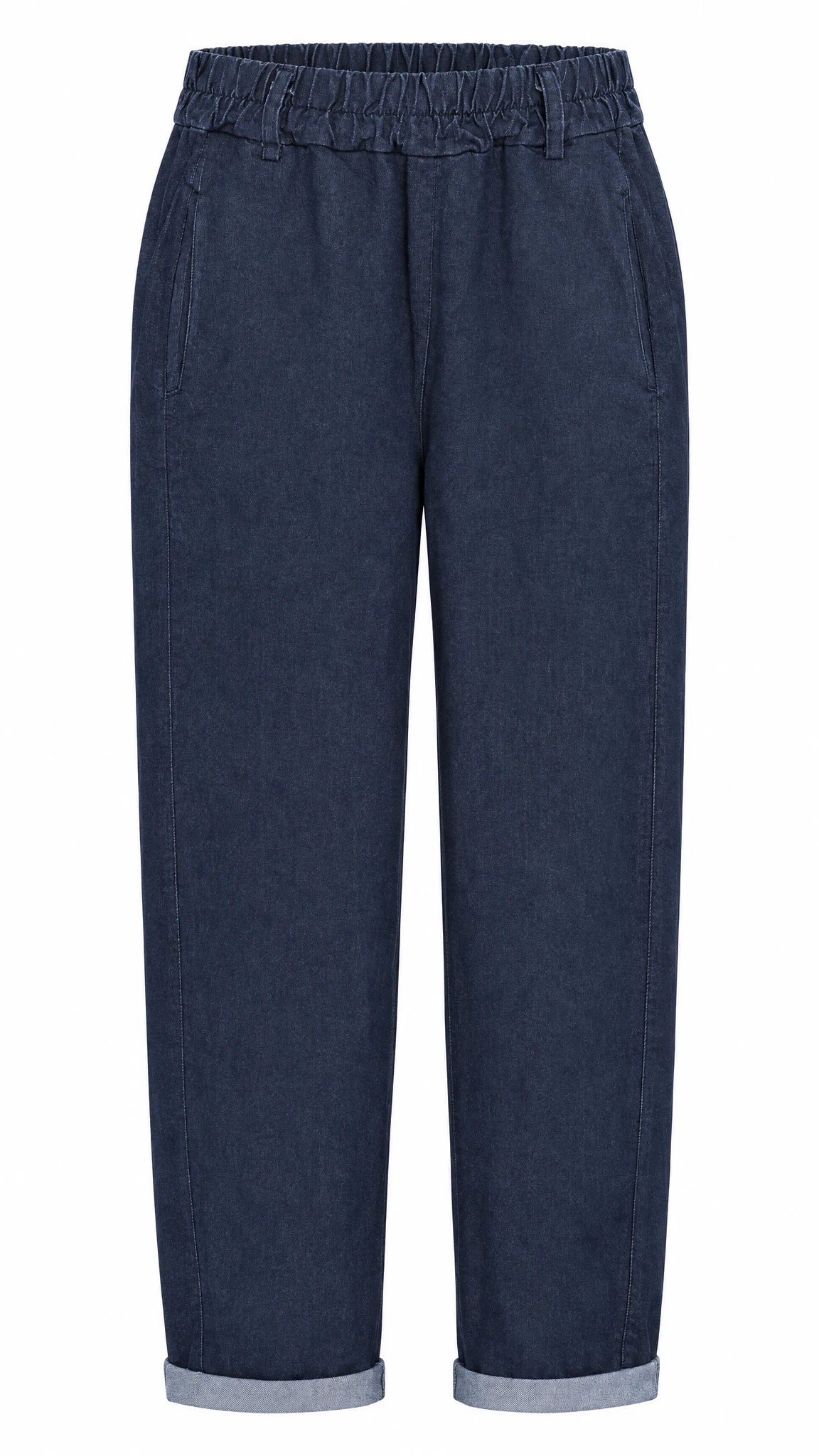 Dunkle weite Stoffhose mit elastischem Bund und Umschlagsaum auf einem Kleiderbügel
