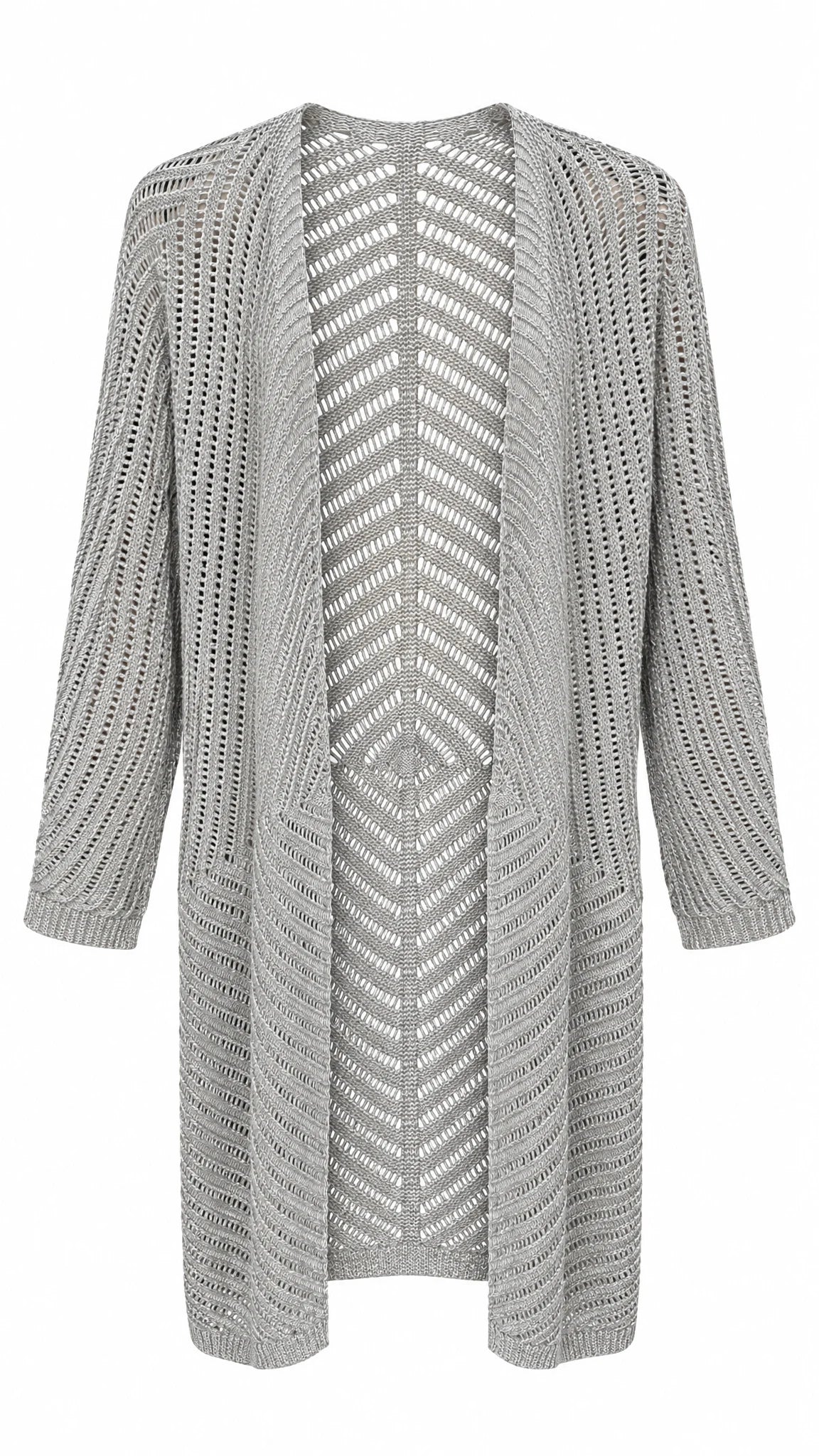 Offene Strickjacke mit Zickzackmuster und glänzenden Lurex-Fäden auf Kleiderbügel