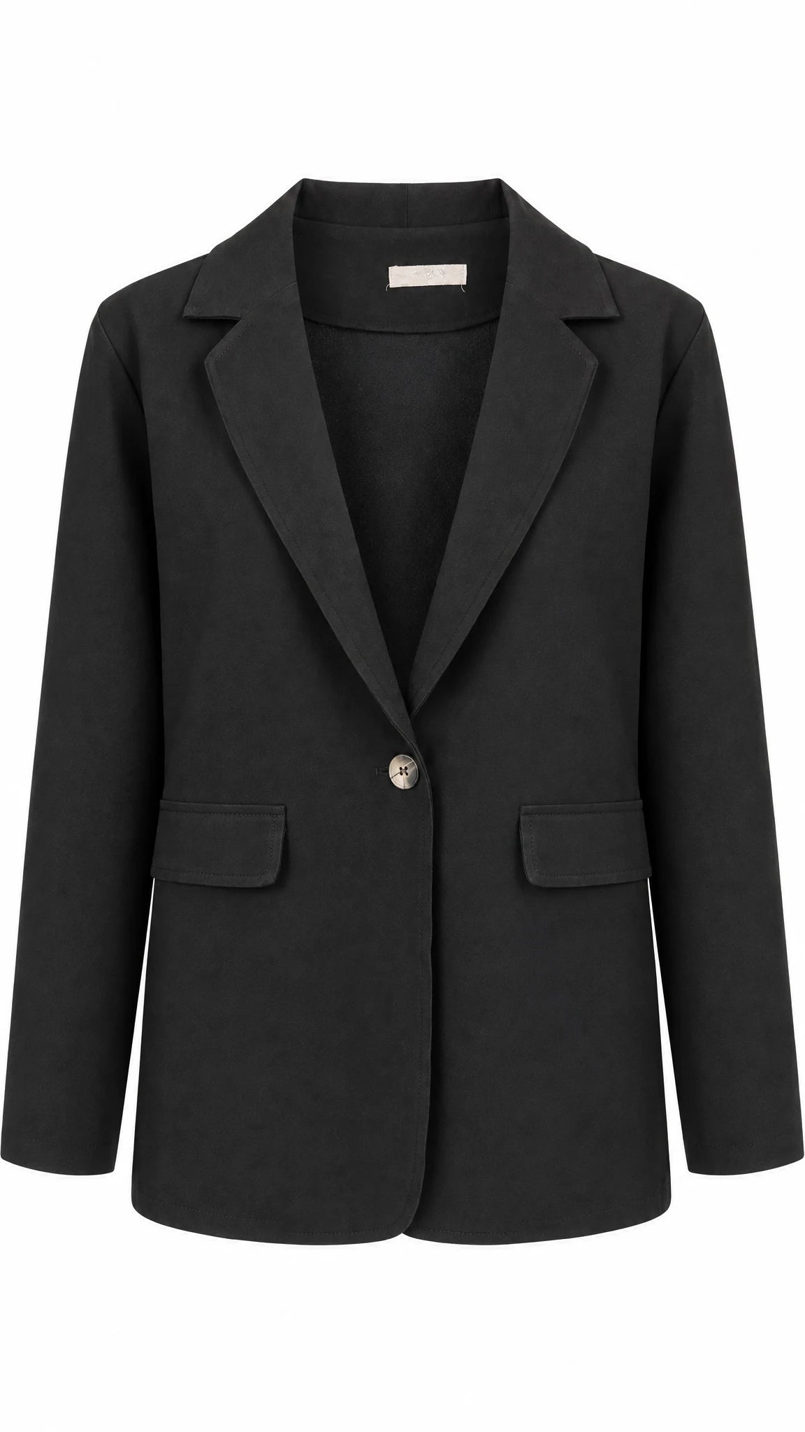 Schwarzer Blazer mit Revers-Kragen, Einknopfverschluss und Pattentaschen auf einem Kleiderbügel