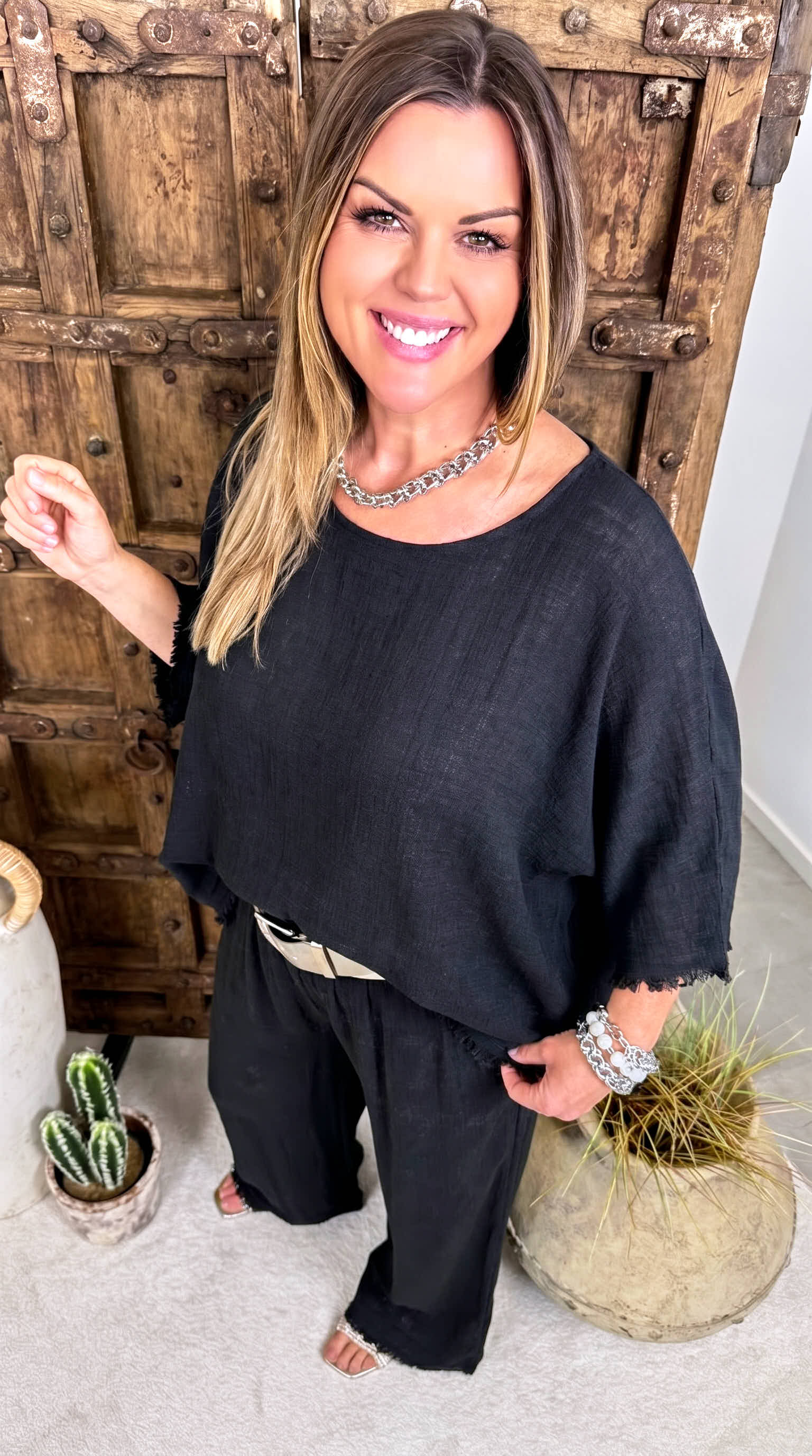 Leinen Shirt Summer Fringe *Schwarz*