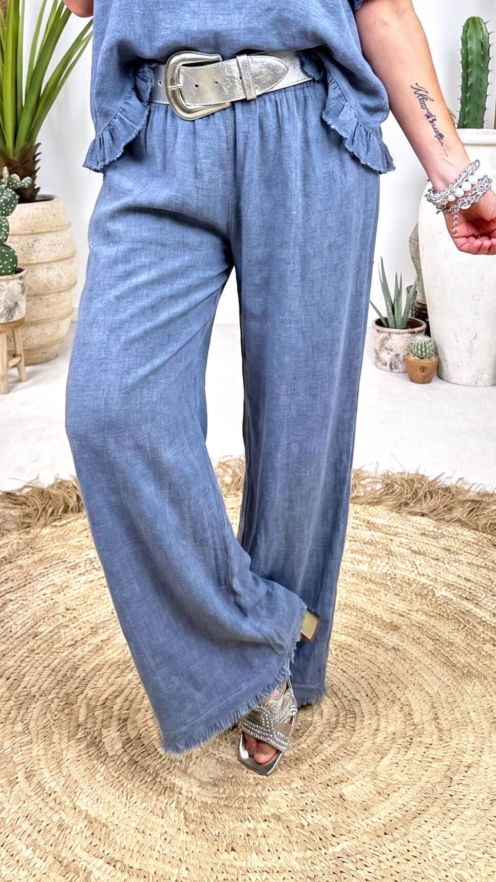 Weite Leinenhose Easy Sand *Jeansblau*