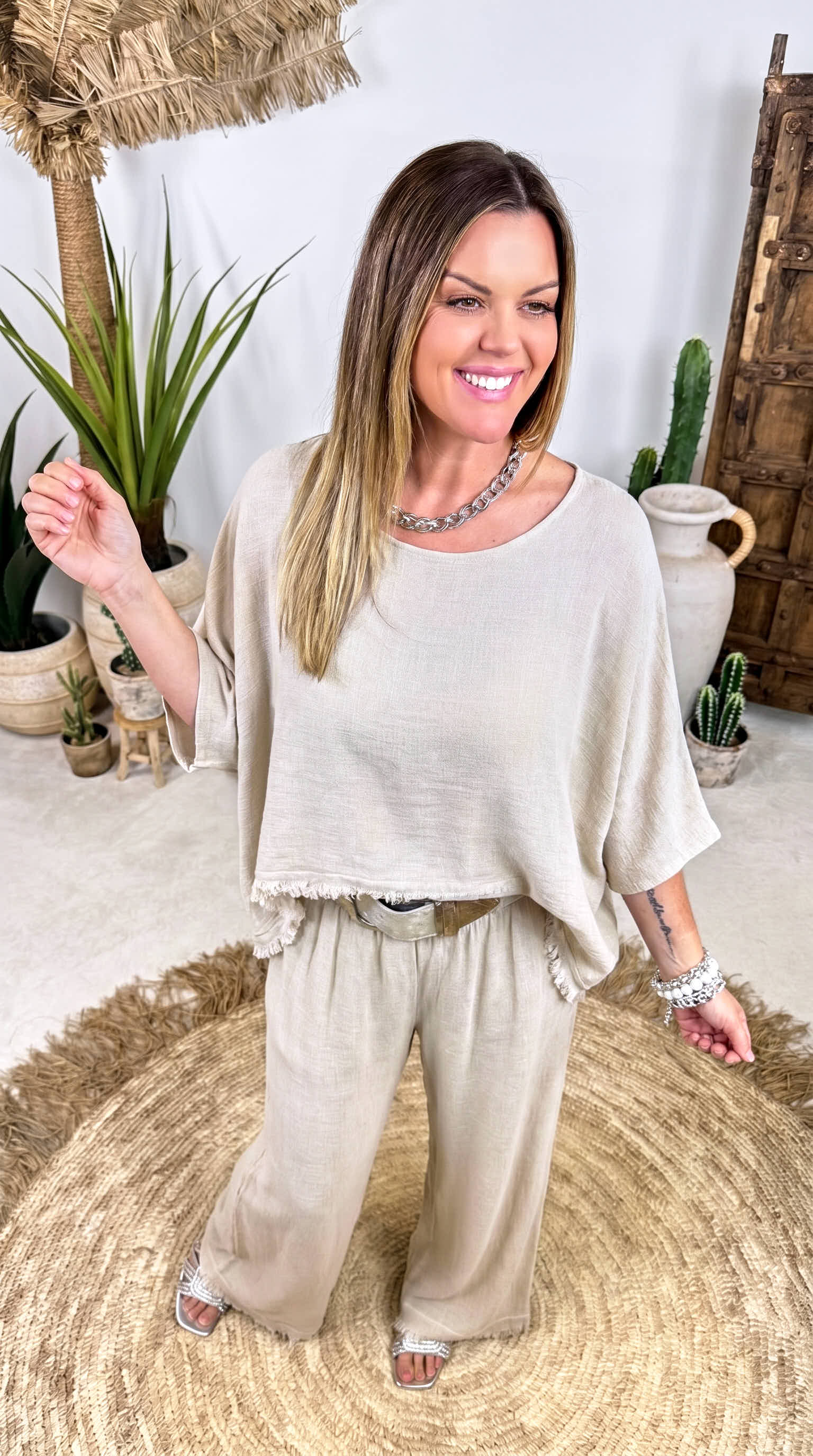 Leinen Shirt Summer Fringe *Beige*