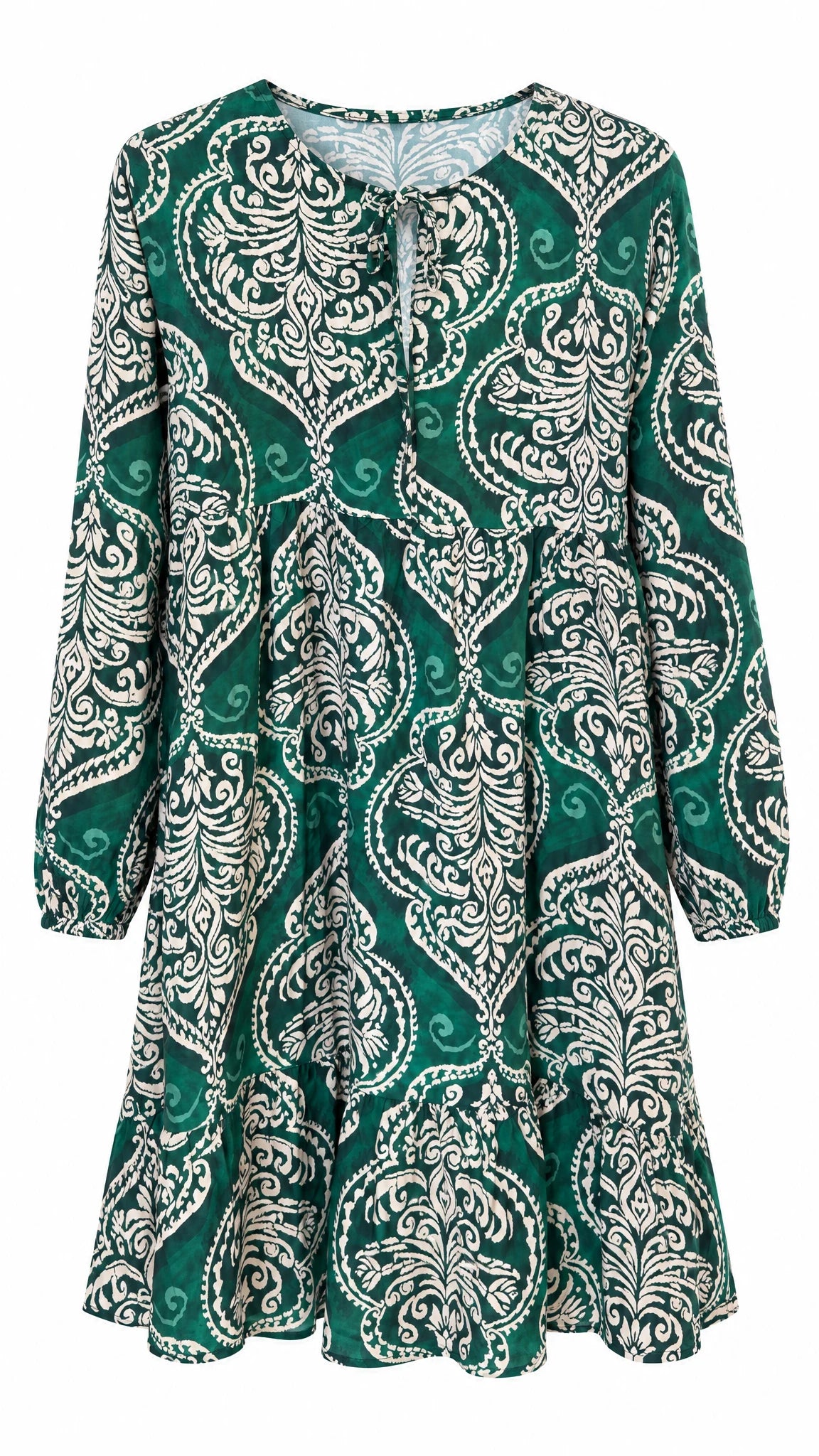 Langärmliges Second-Hand-Kleid mit grün-beigem Ornamentmuster und Bindeband am Ausschnitt