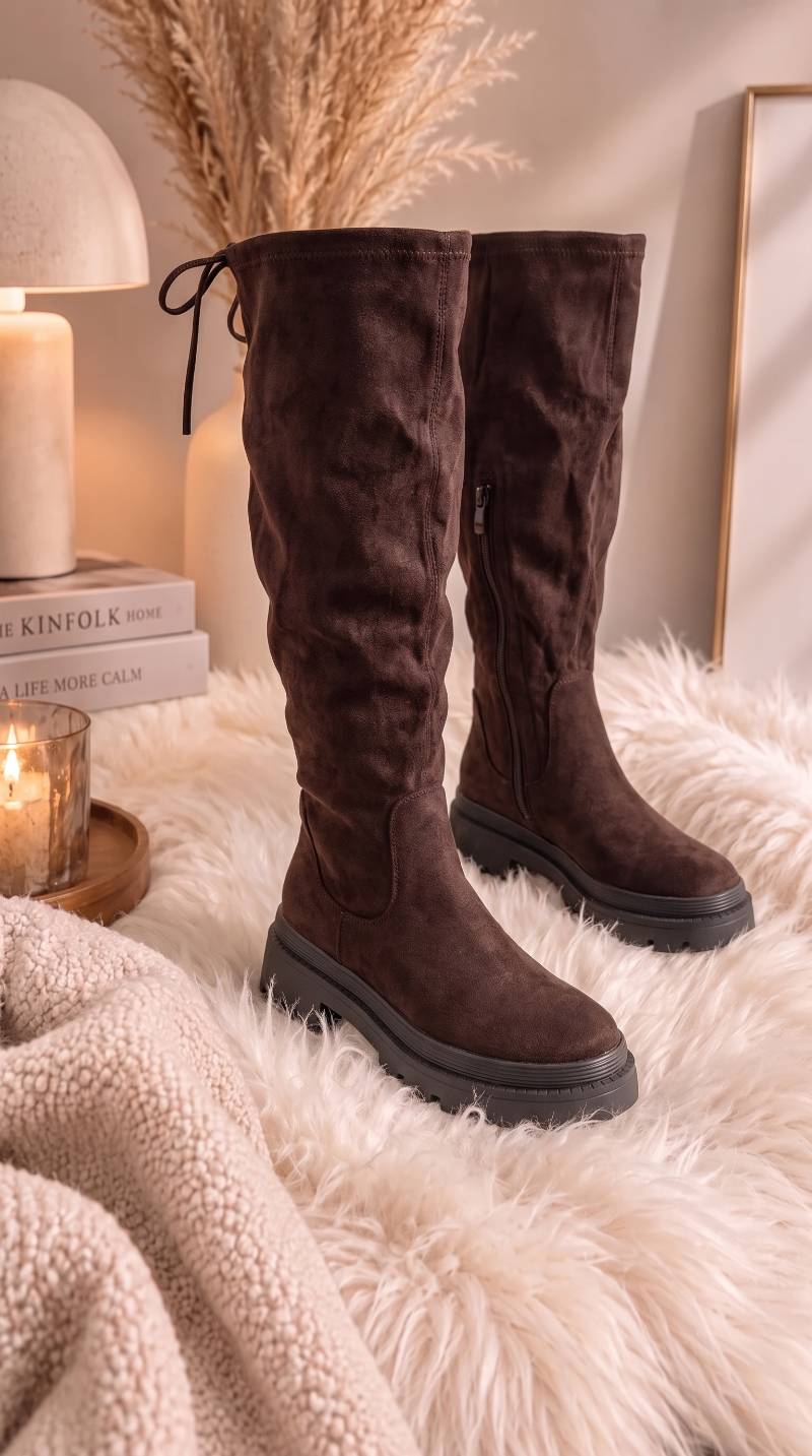 Kniehohe Stiefel aus Velours mit Plateausohle und Bindeband am Schaft in Schoko
