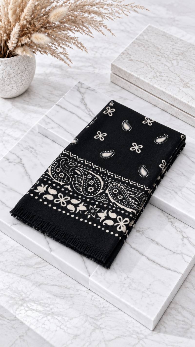 Gefalteter Schal mit Paisley-Muster und Fransenkante auf Marmoruntergrund in Schwarz