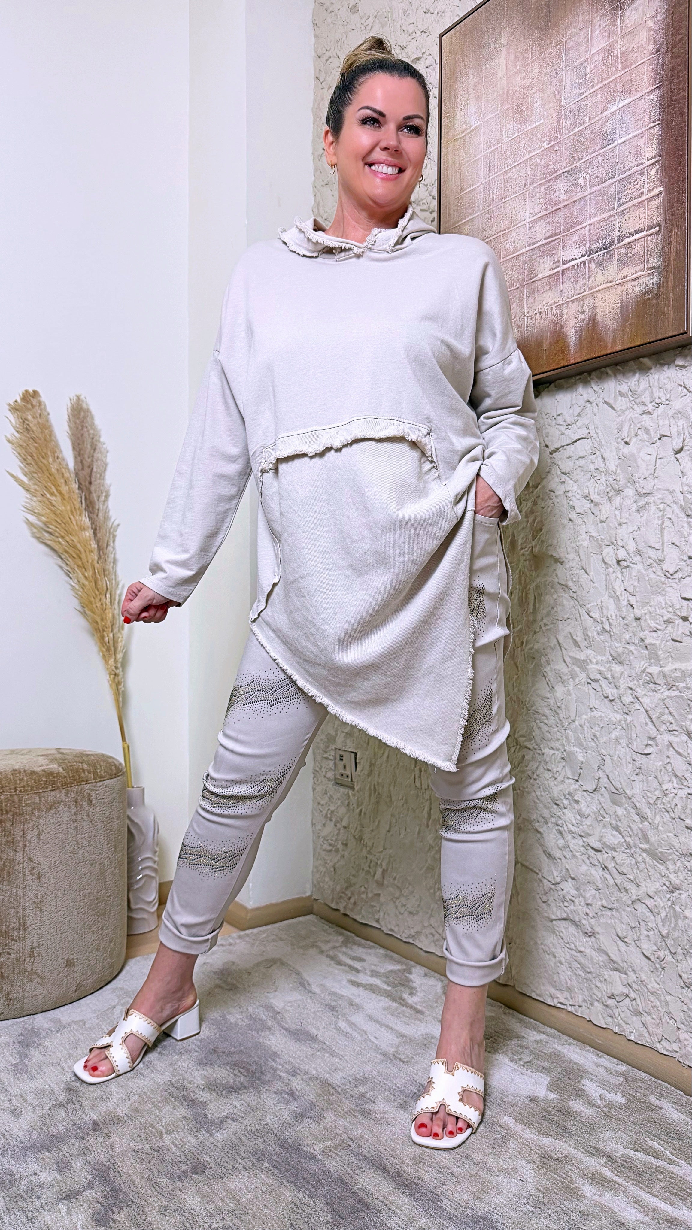 Long-Hoodie Cosy Fray Look *Beige*