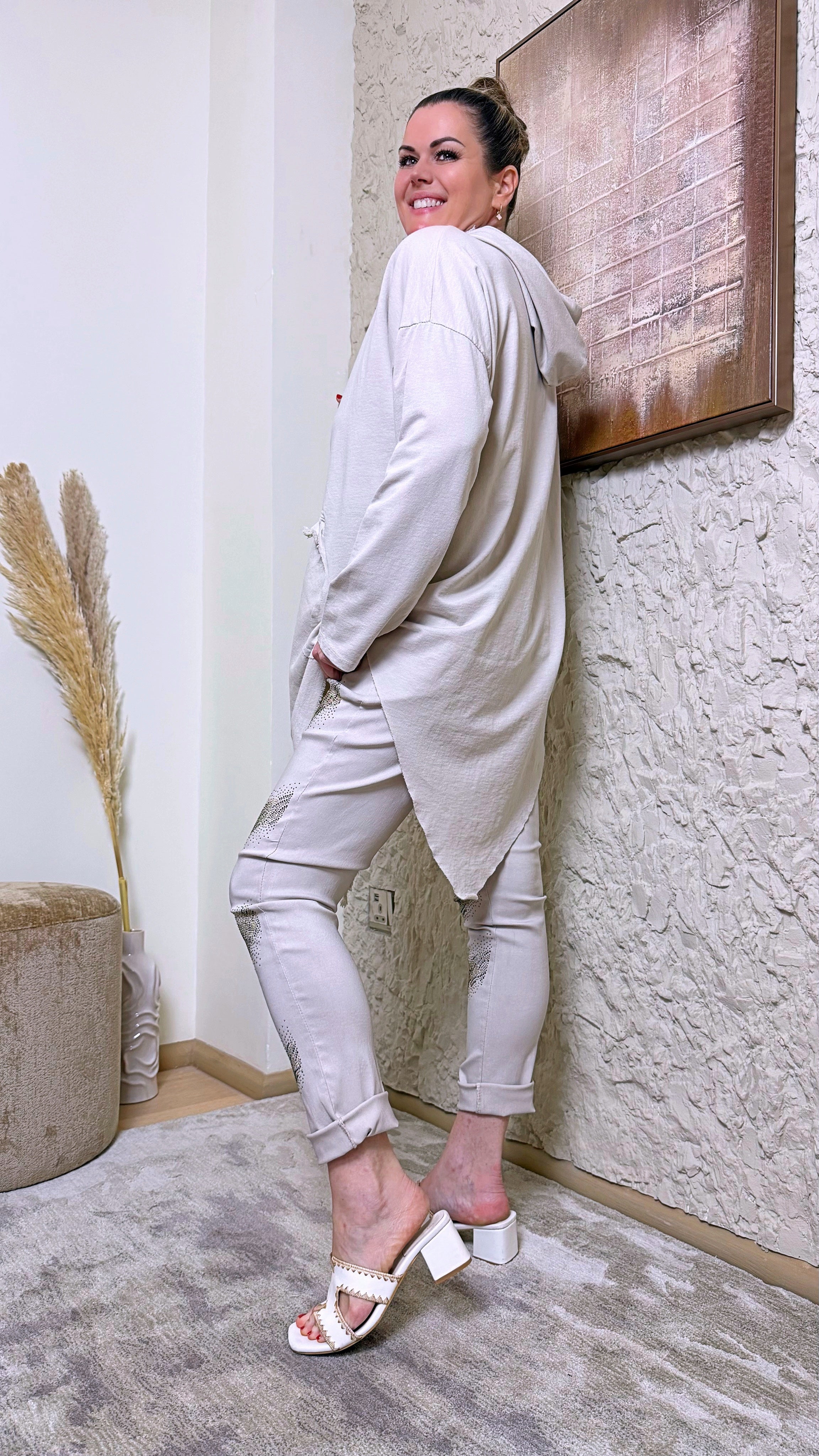 Long-Hoodie Cosy Fray Look *Beige*