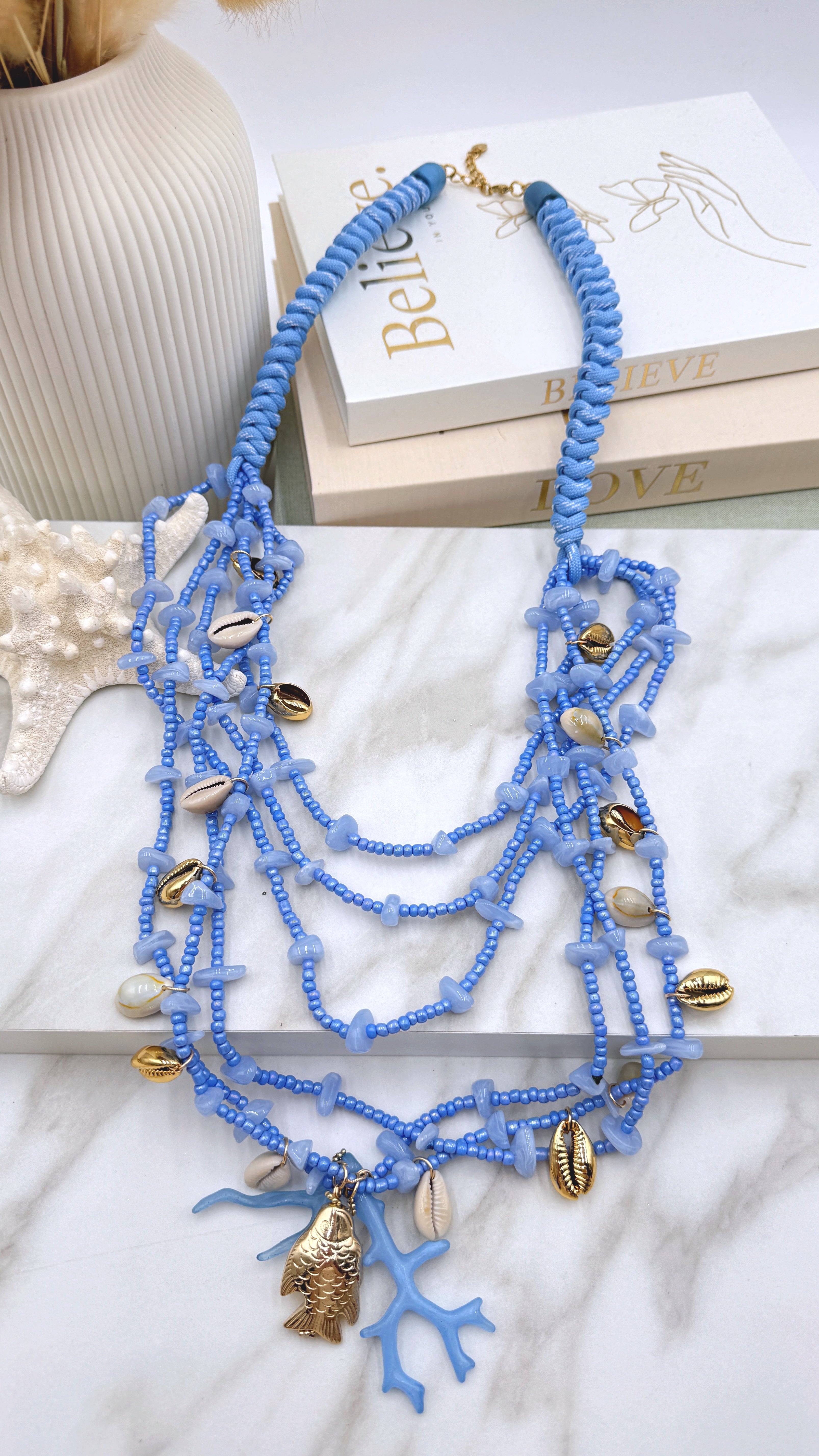 Lange Halskette Boho Shell Dream *Blau*