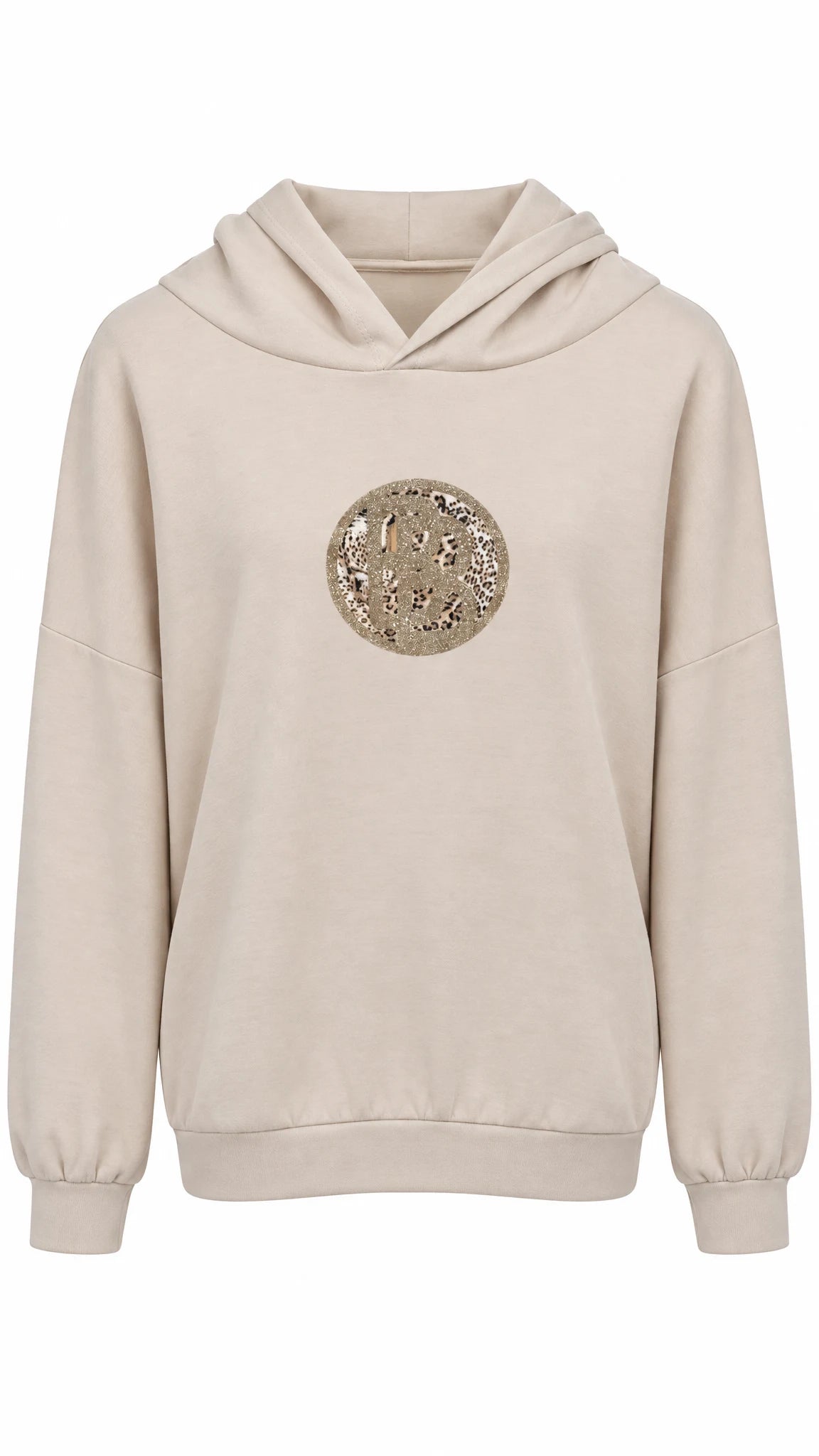 Beiger Hoodie mit Kapuze und rundem Strass-Animal-Print-Motiv auf der Vorderseite