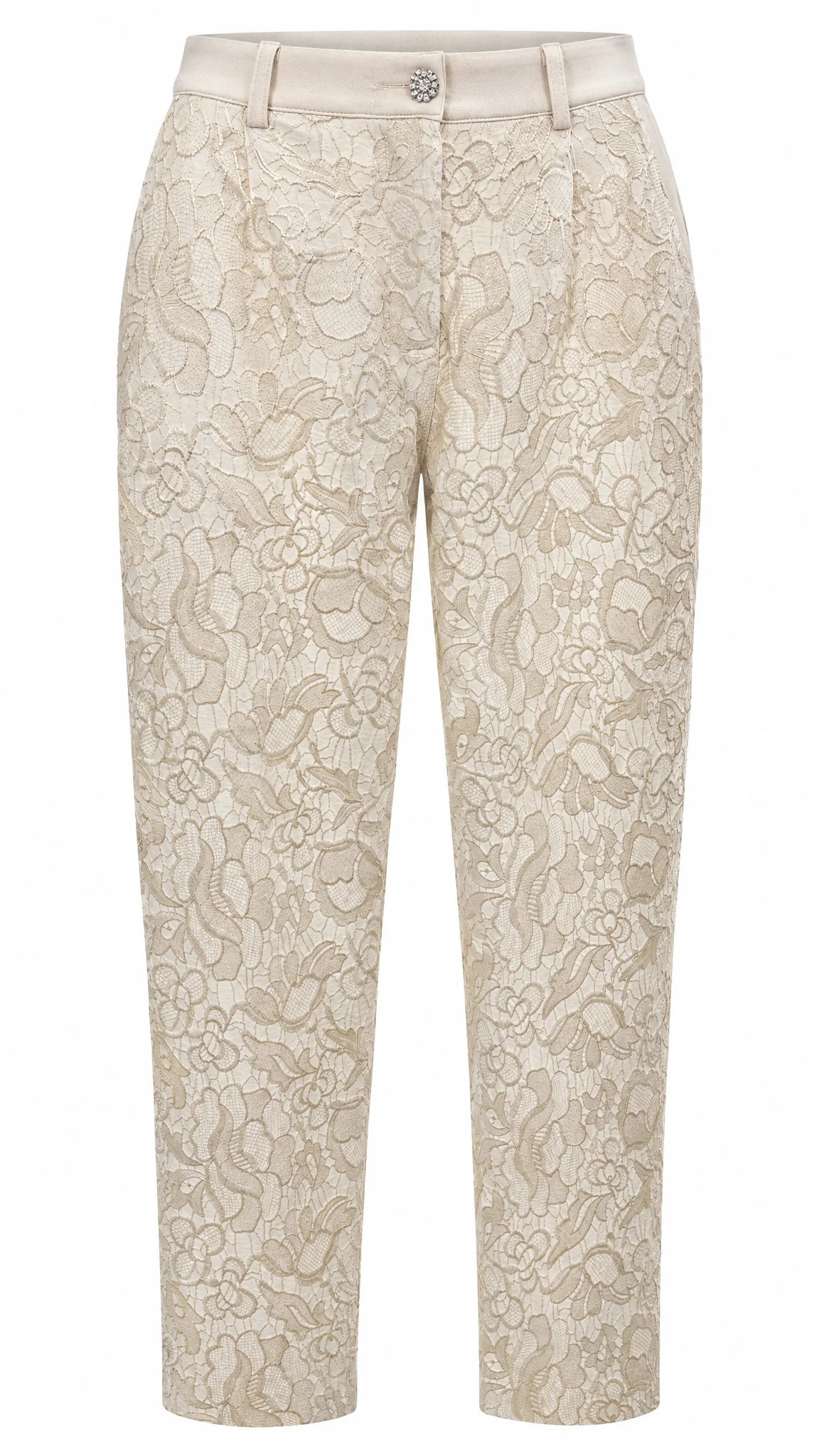 Beige Hose mit floralem Spitzenoverlay und Strassdetail am Bund