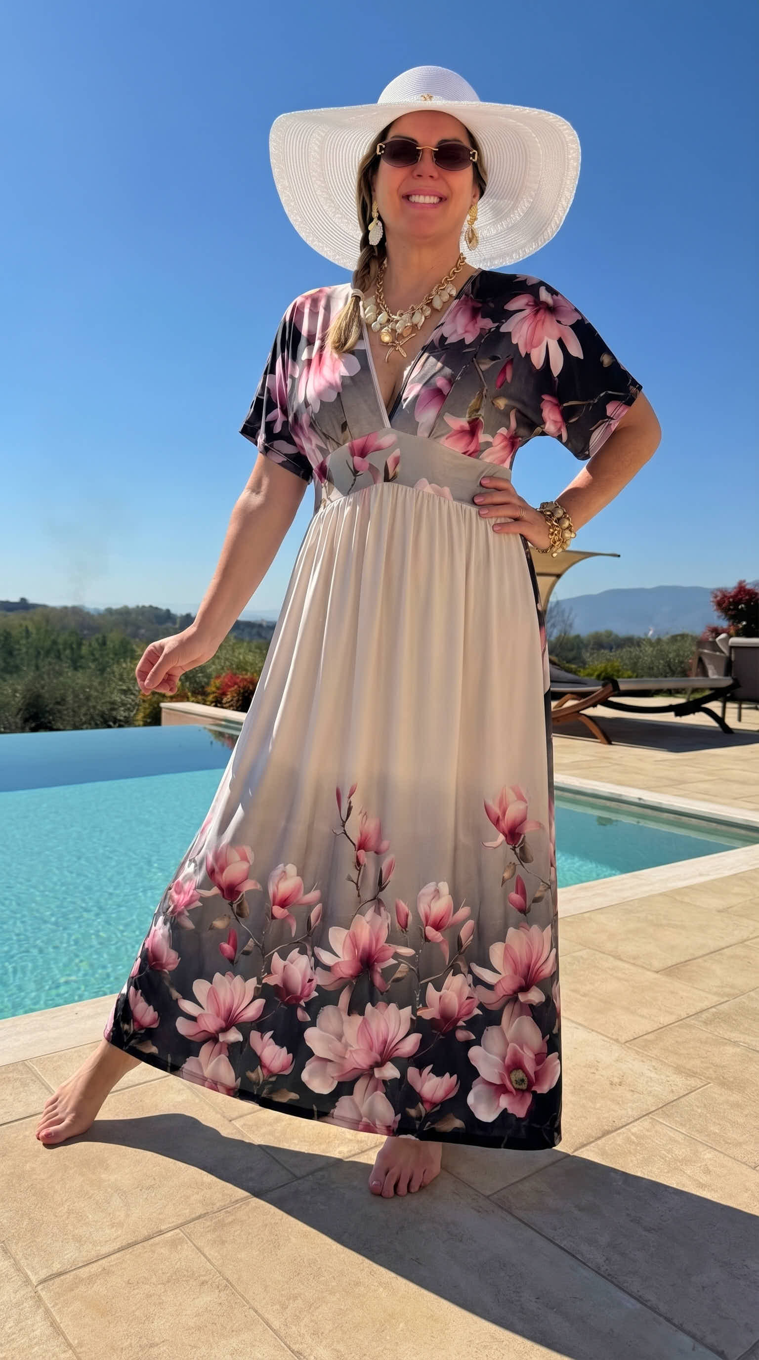 Langes Kleid Blush Blossom *Schwarz/Pink*