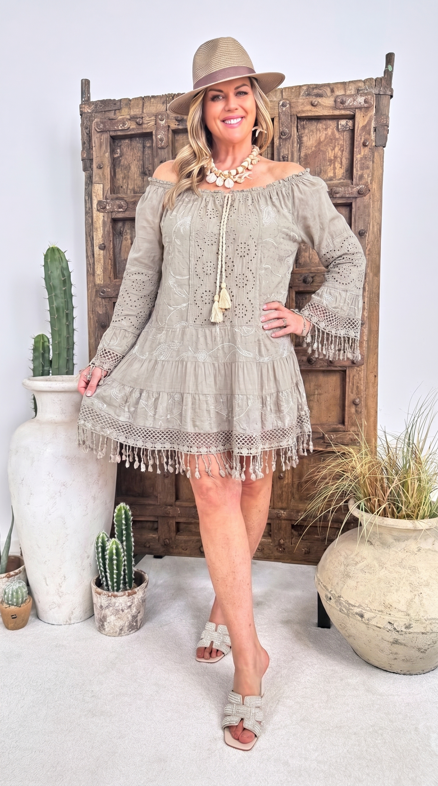 Tunkia-Kleid Soft Boho Fringe *Taupe*