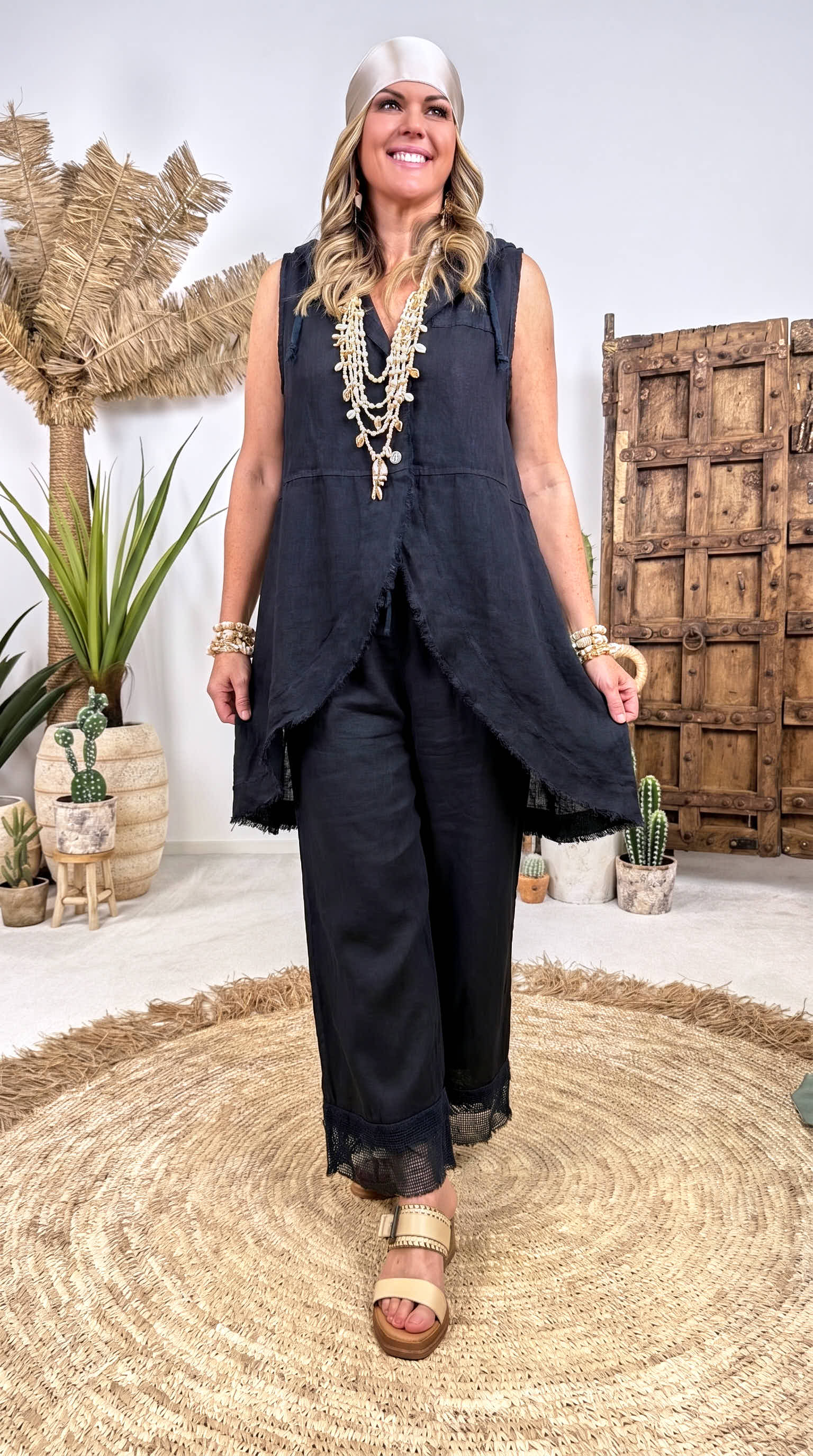 Leinen-Longbluse Boho Hoodie *Schwarz*