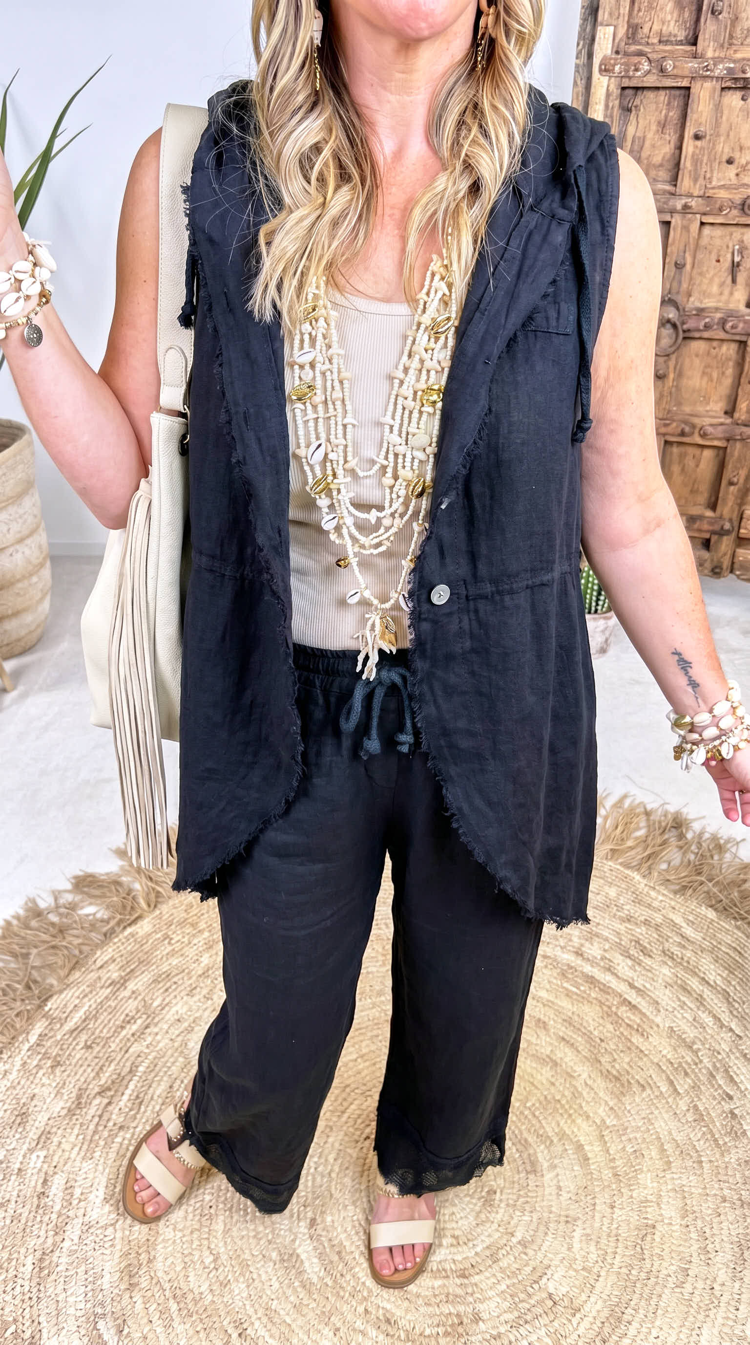 Leinen-Longbluse Boho Hoodie *Schwarz*