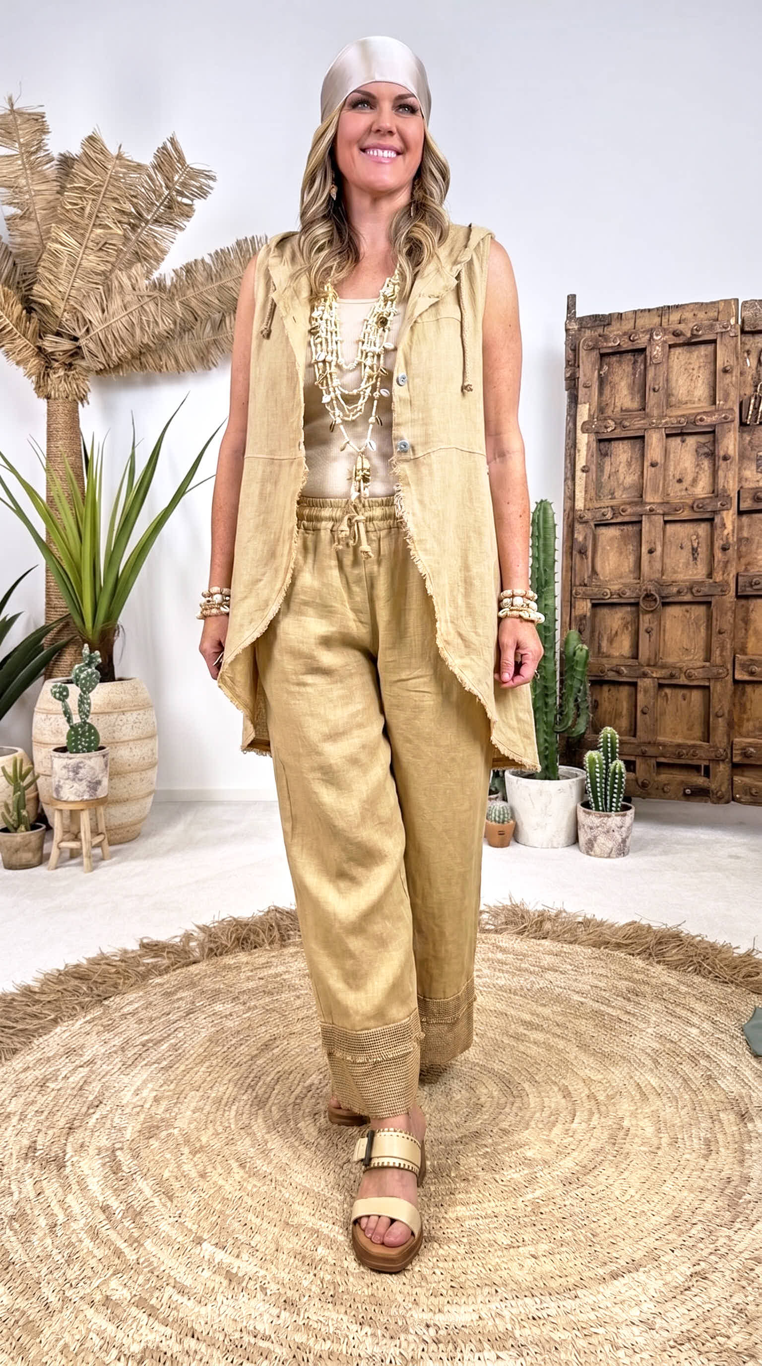 Leinen-Longbluse Boho Hoodie *Camel*