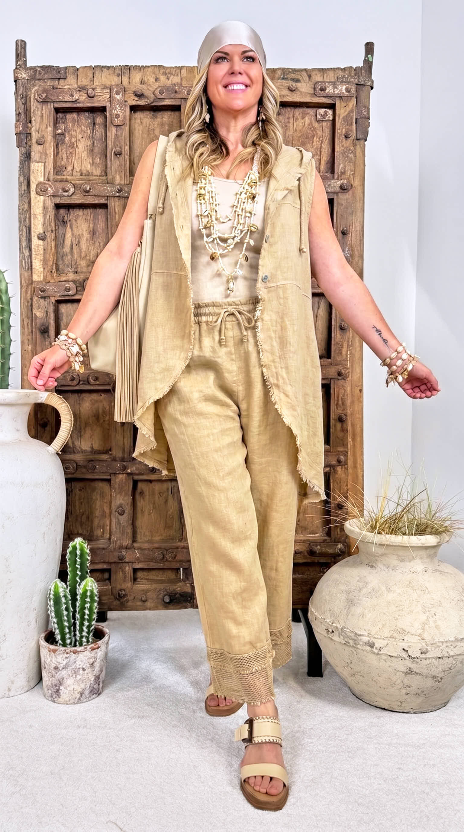 Leinen-Longbluse Boho Hoodie *Camel*