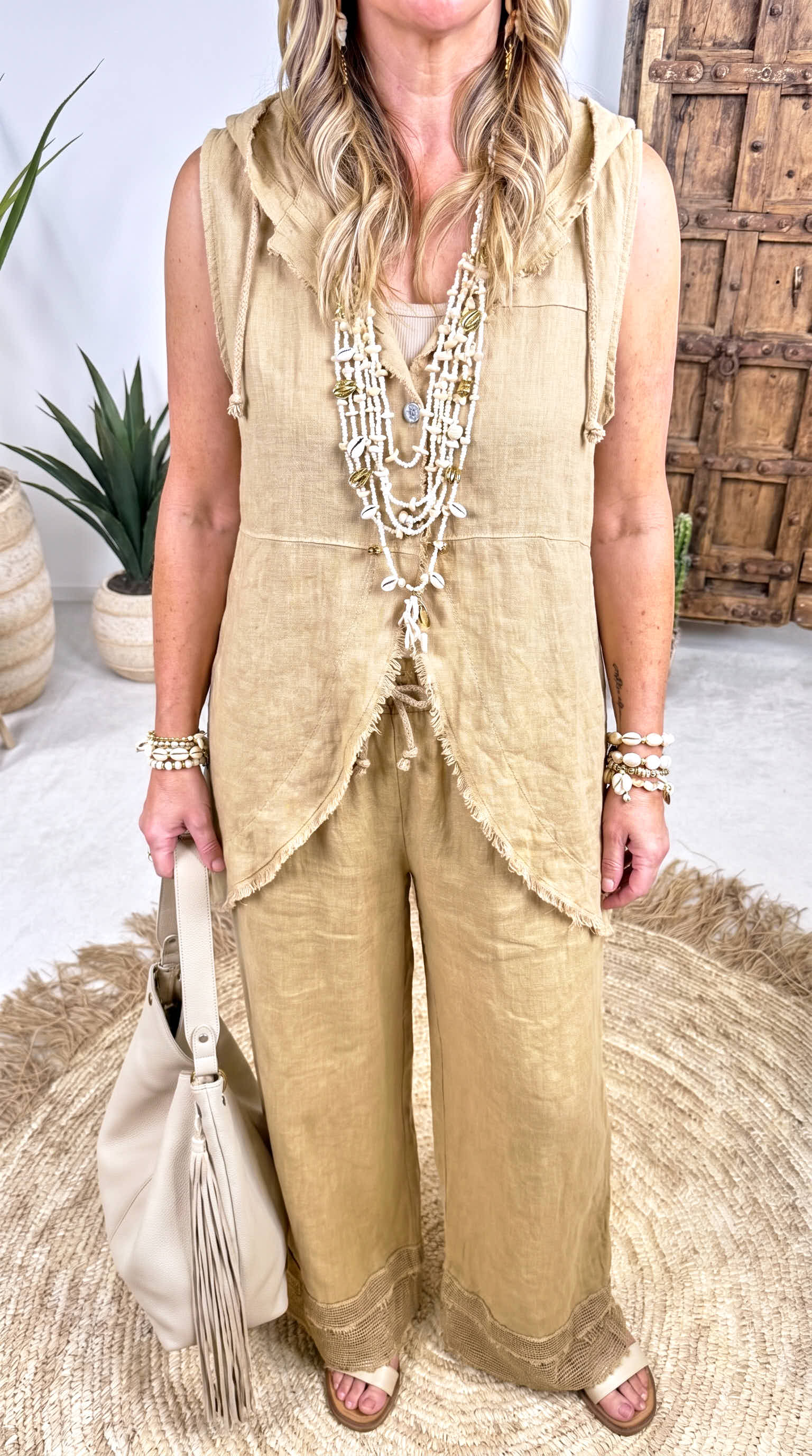 Leinen-Longbluse Boho Hoodie *Camel*