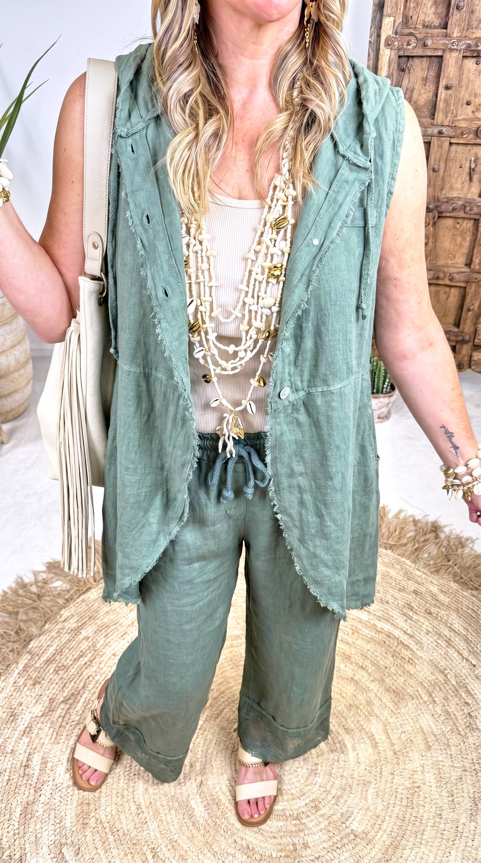 Leinen-Longbluse Boho Hoodie *Khaki*