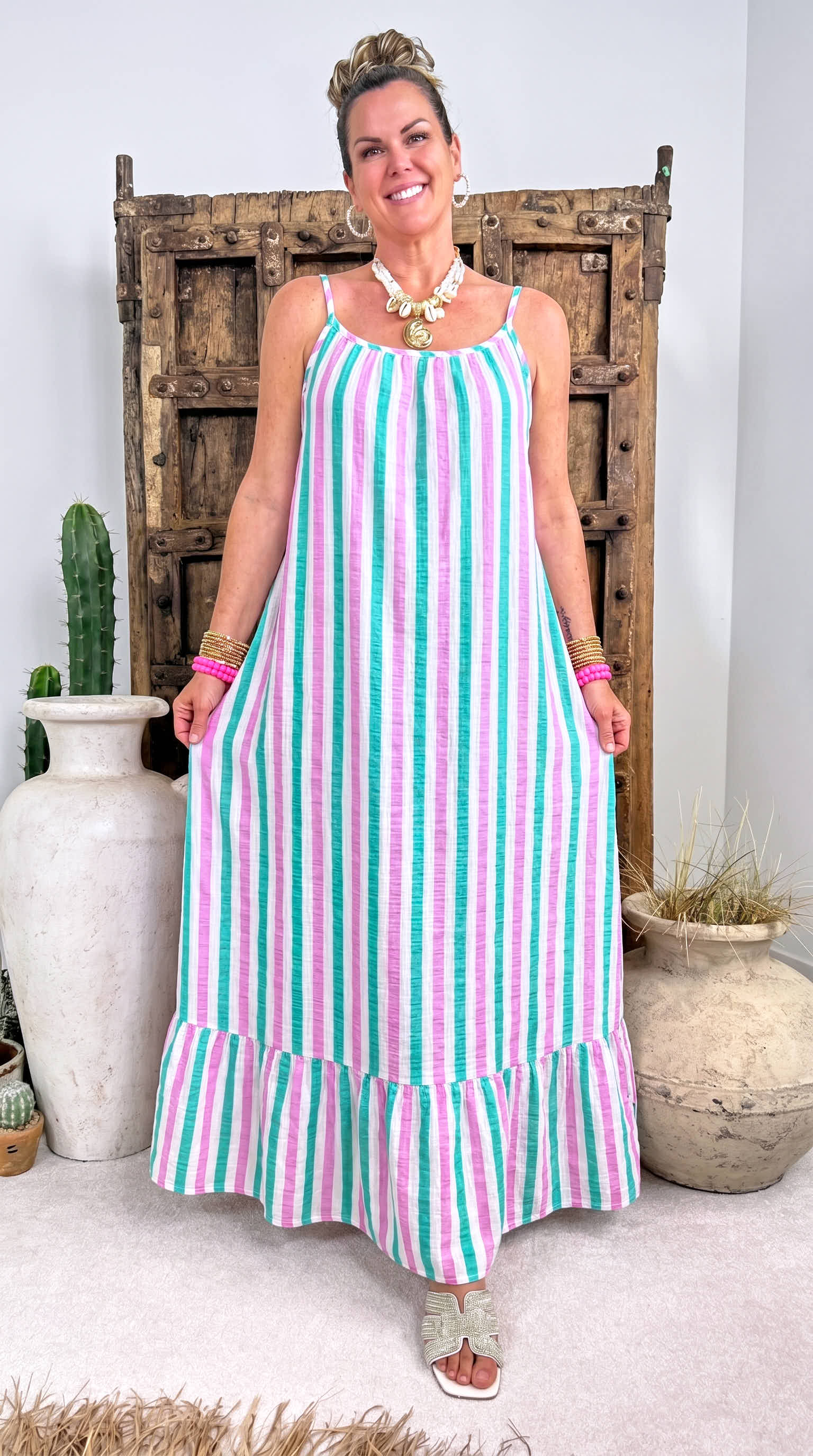 Langes Kleid Happy Stripes *Türkis/Pink*