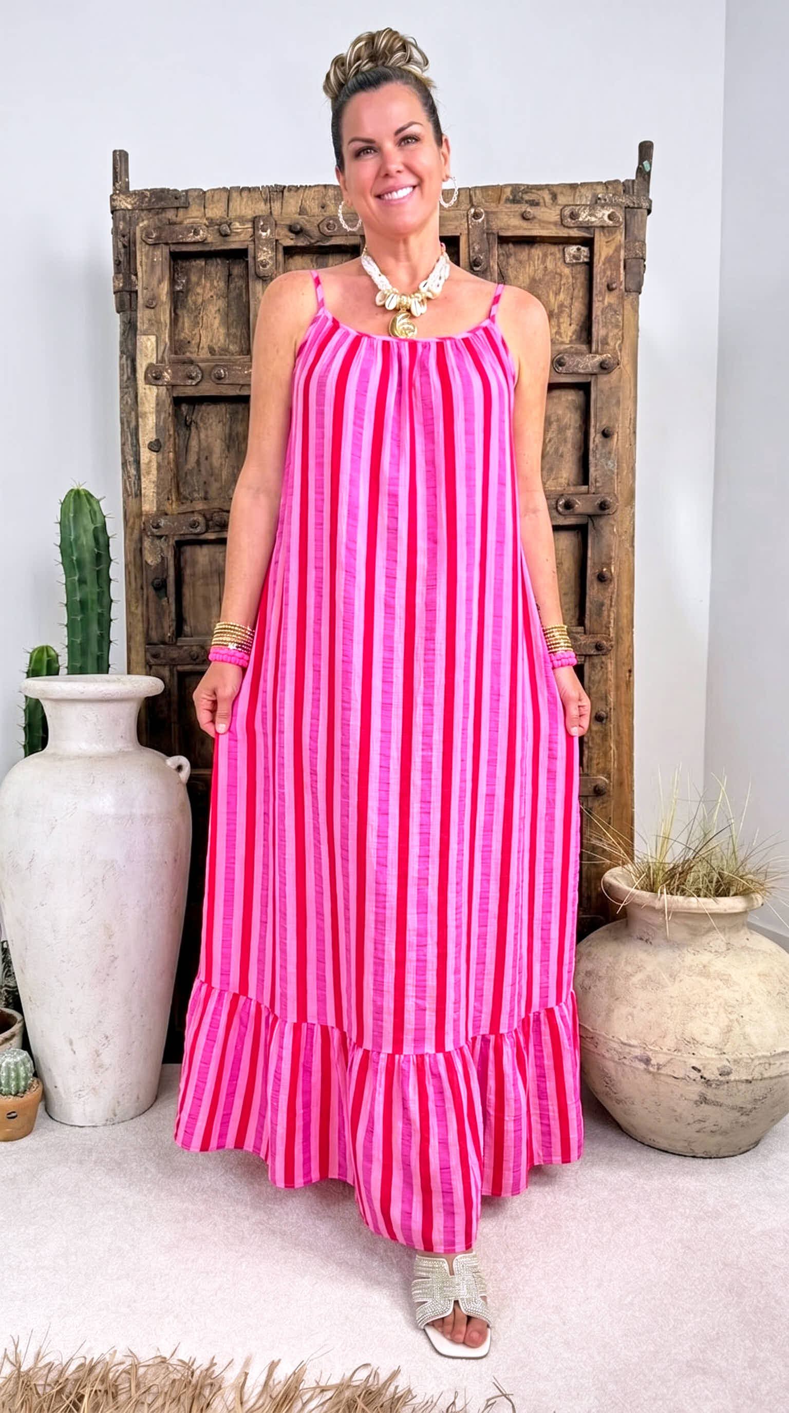 Langes Kleid Happy Stripes *Rot/Pink*