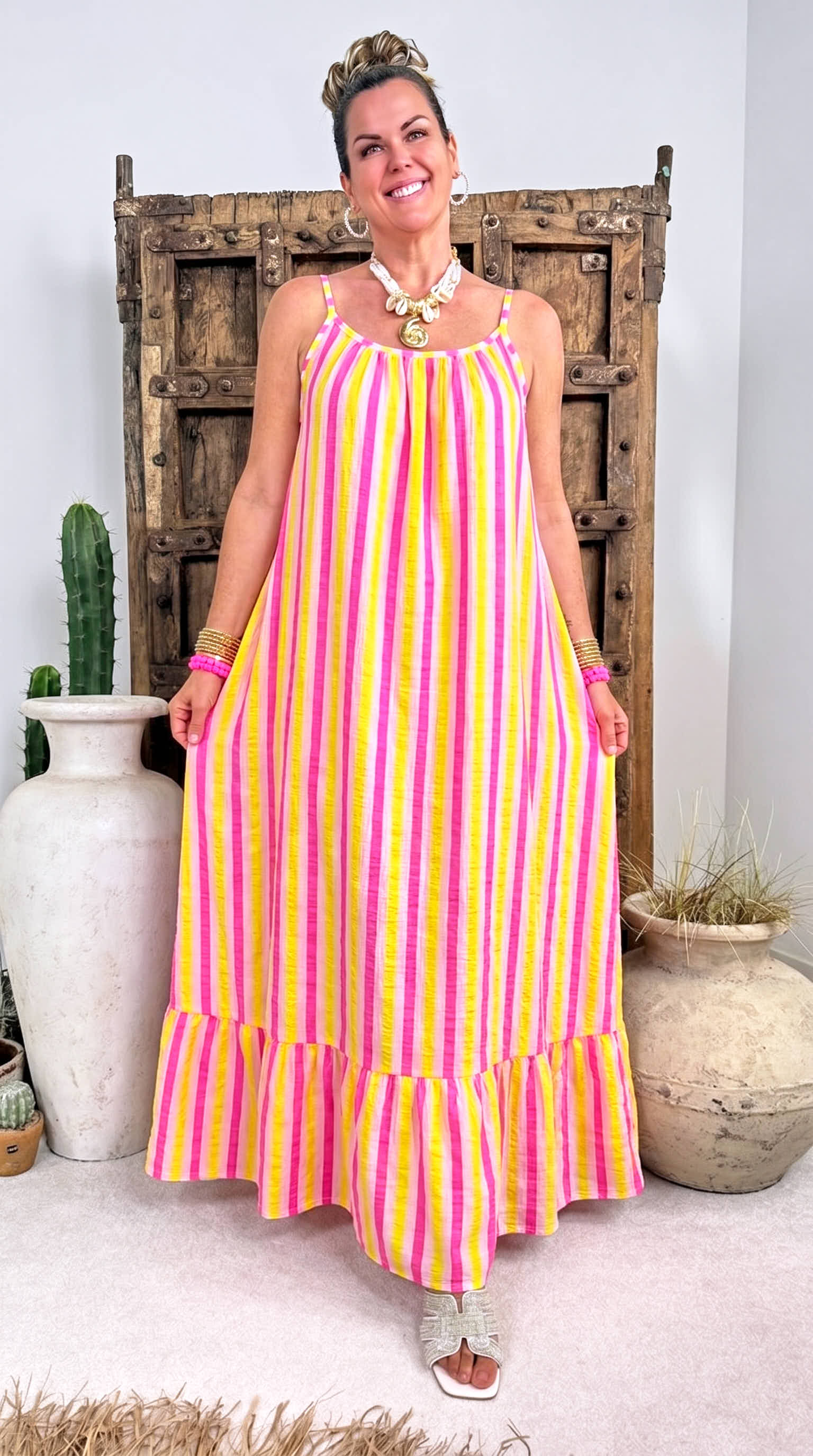 Langes Kleid Happy Stripes *Gelb/Pink*