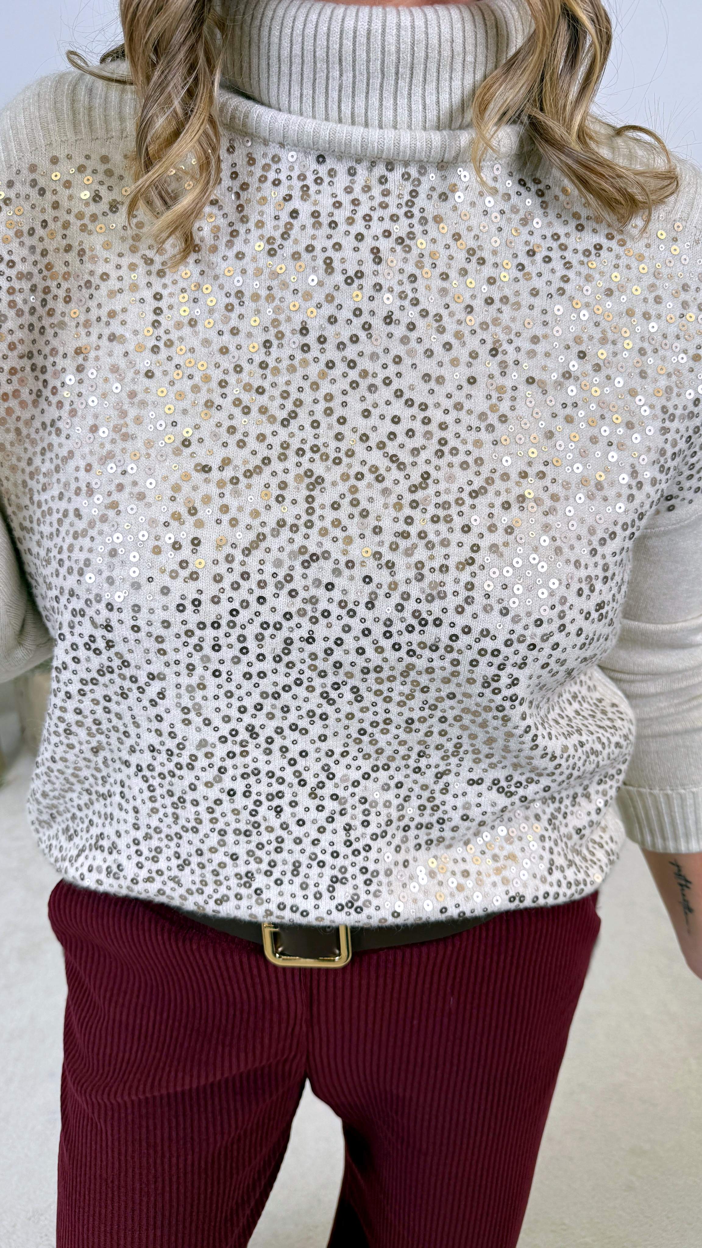 Rollkragenpullover Glitter Front *Beige* US-5626