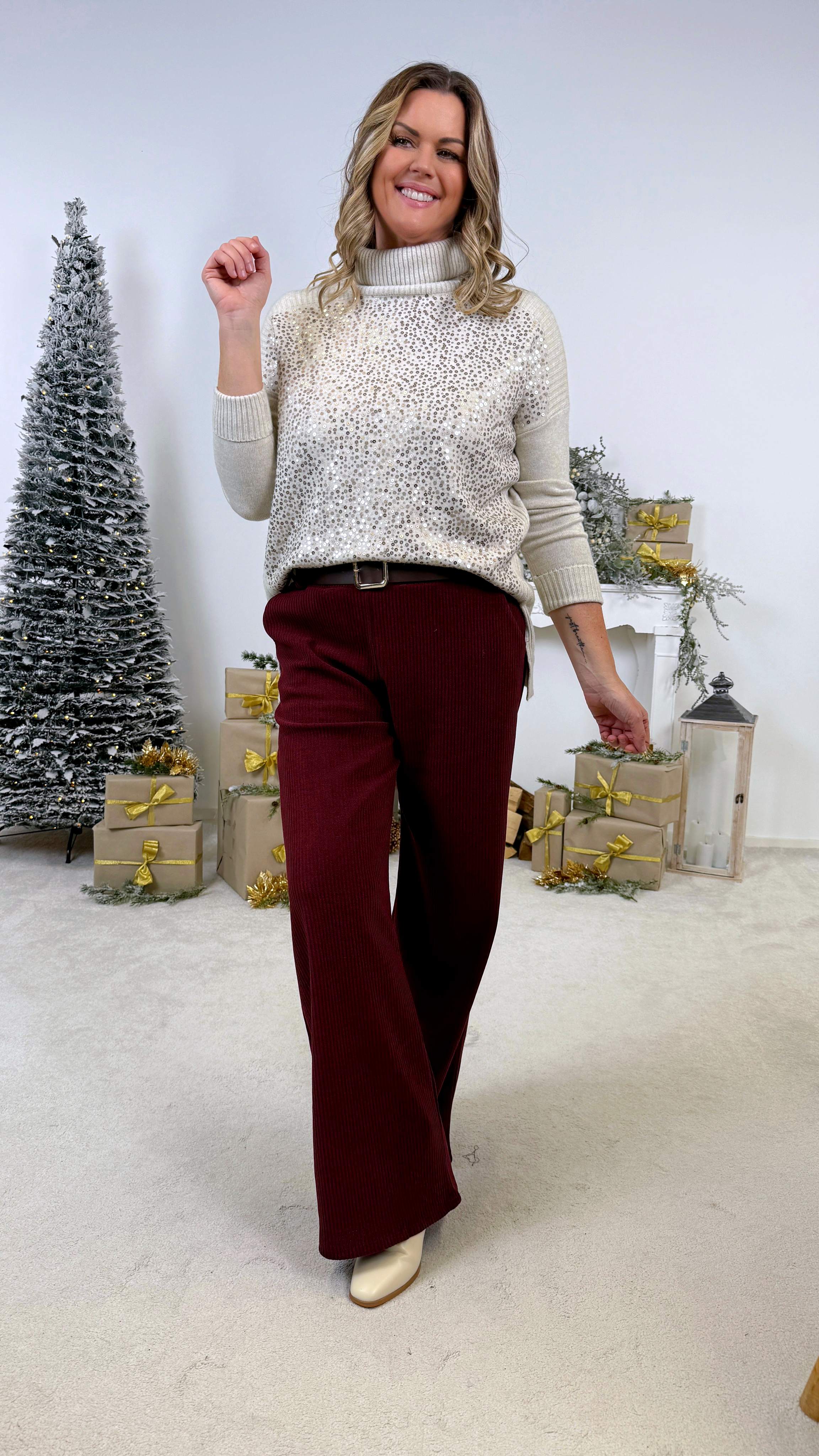 Rollkragenpullover Glitter Front *Beige* US-5626