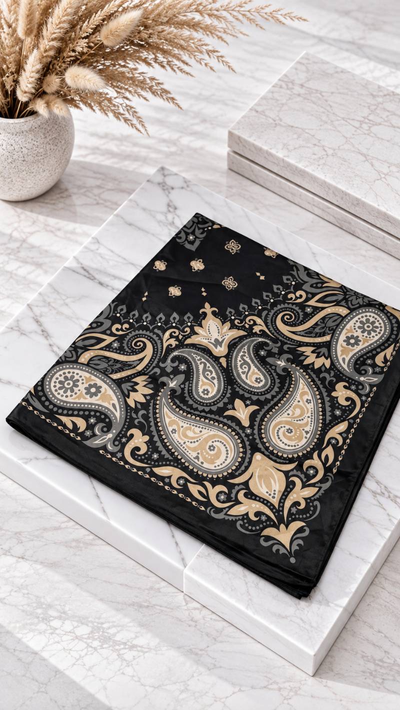 Gefaltetes quadratisches Halstuch mit Paisley-Muster auf Marmoruntergrund in Schwarz