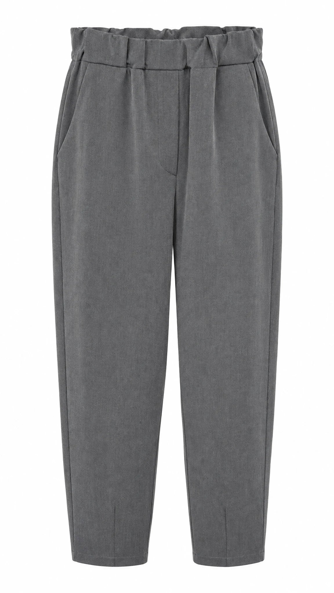Graue Stoffhose mit elastischem Bund und seitlichen Taschen auf Kleiderbügel