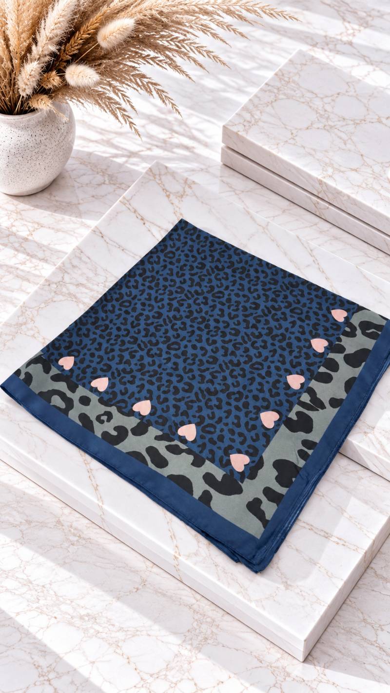 Quadratisches Halstuch mit Leoparden-Muster und Herz-Motiven, gefaltet auf Marmoruntergrund