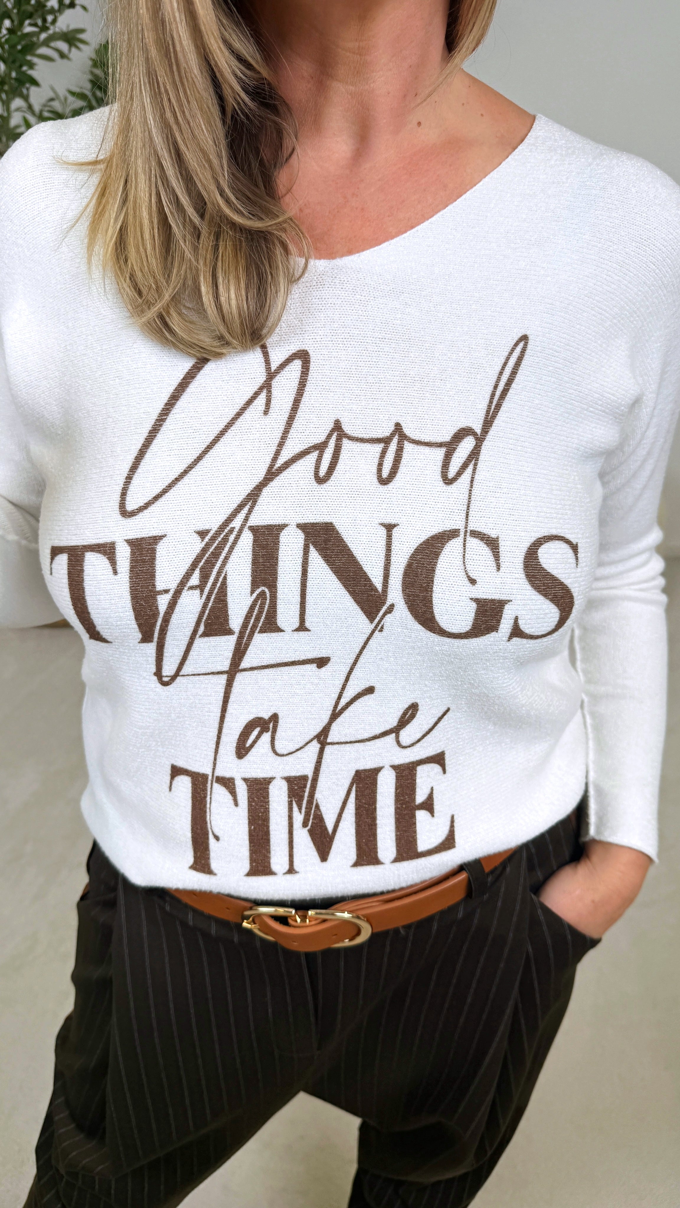 Pullover Good Things Take Time *Weiß/Schoko*