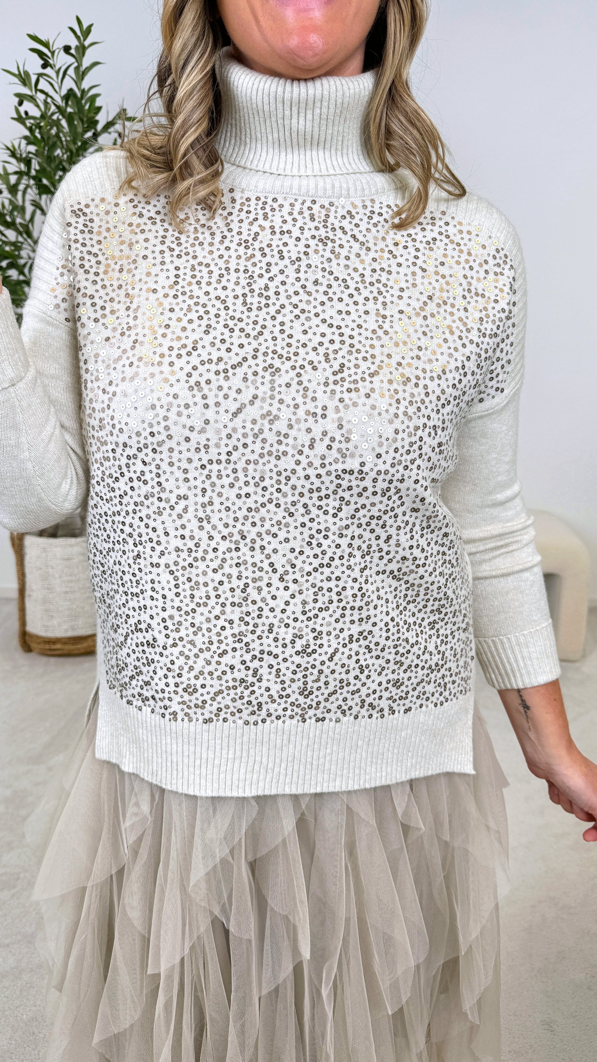 Rollkragenpullover Glitter Front *Beige* US-5626
