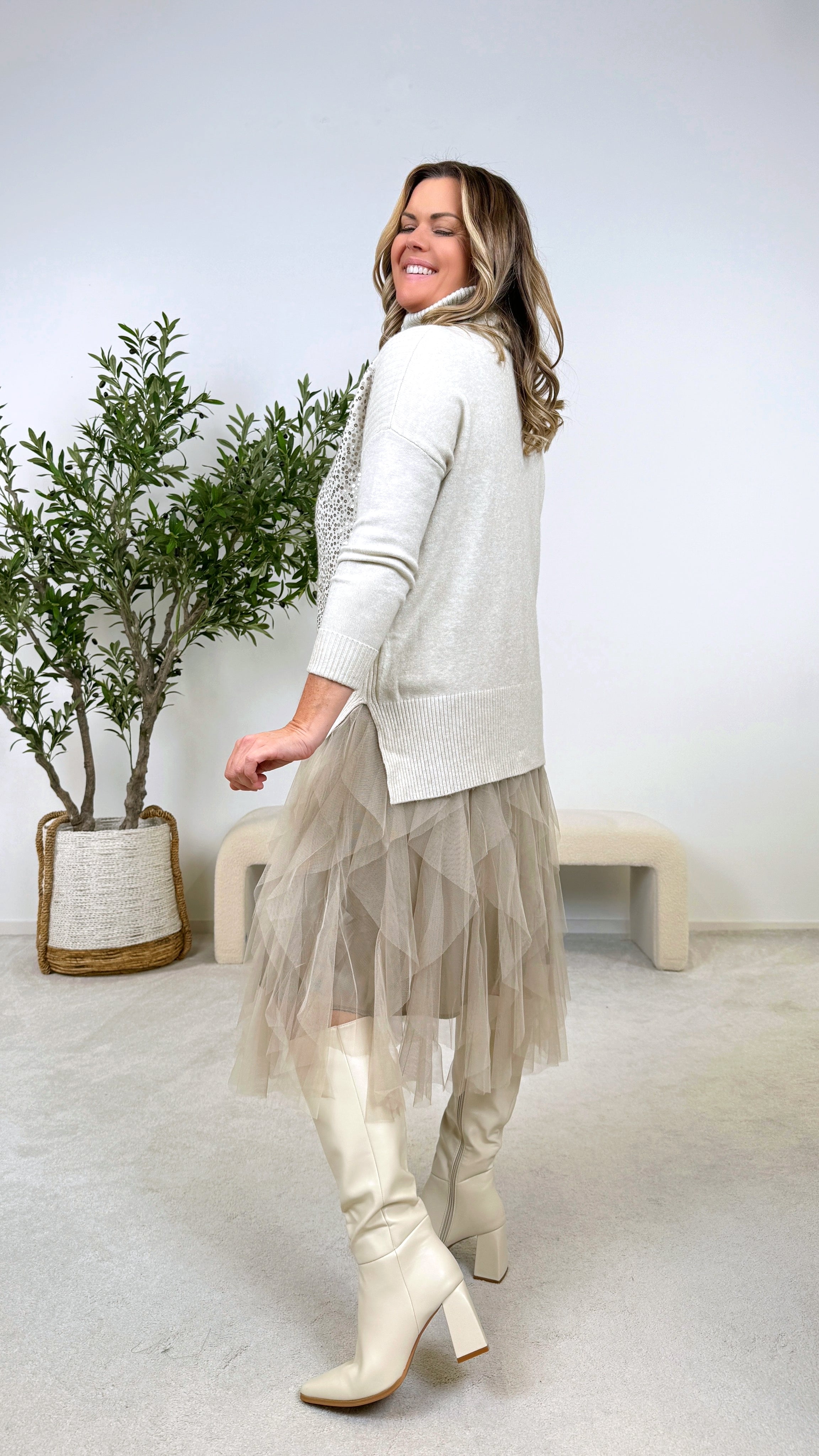 Rollkragenpullover Glitter Front *Beige* US-5626