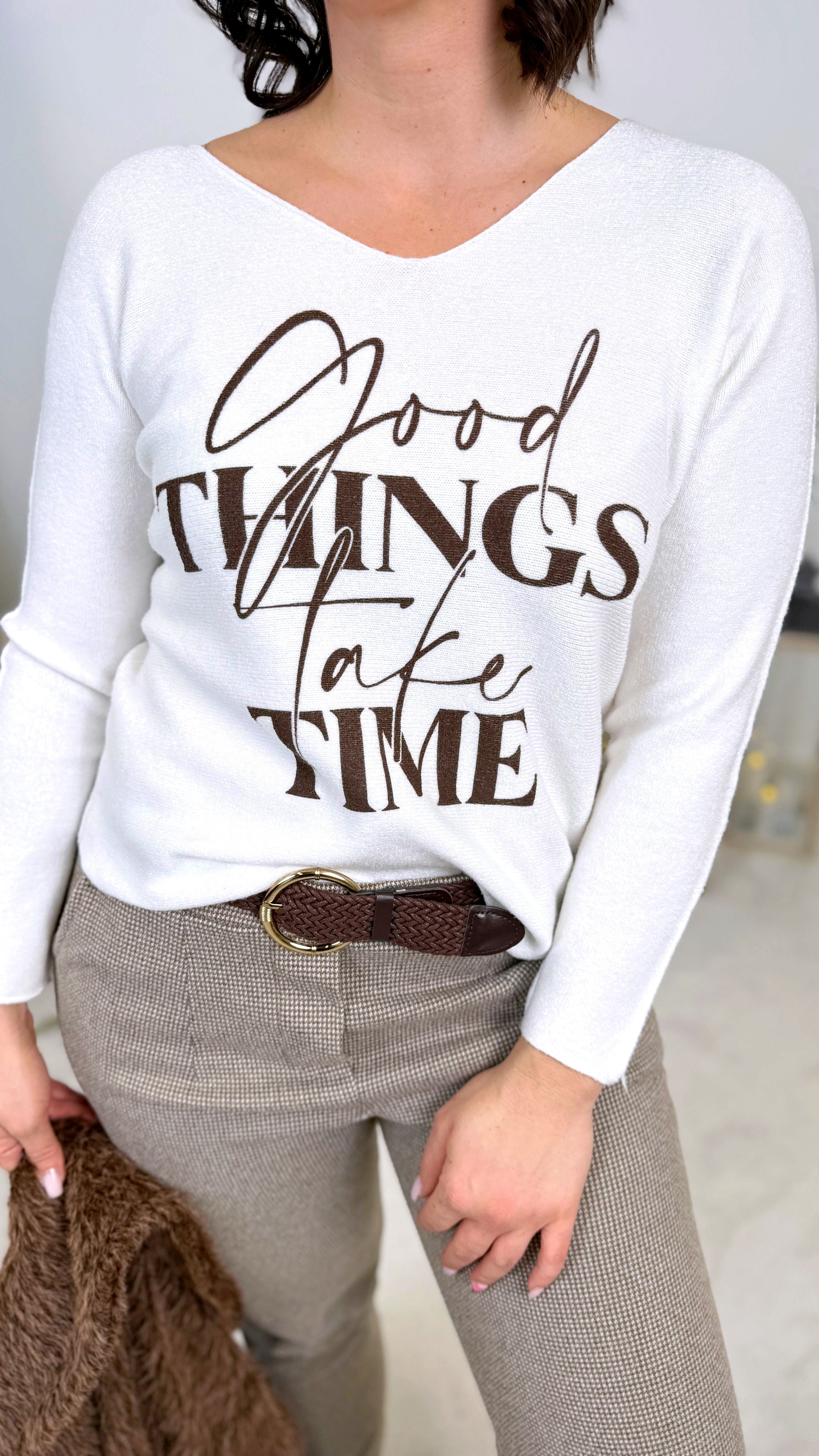 Pullover Good Things Take Time *Weiß/Schoko*