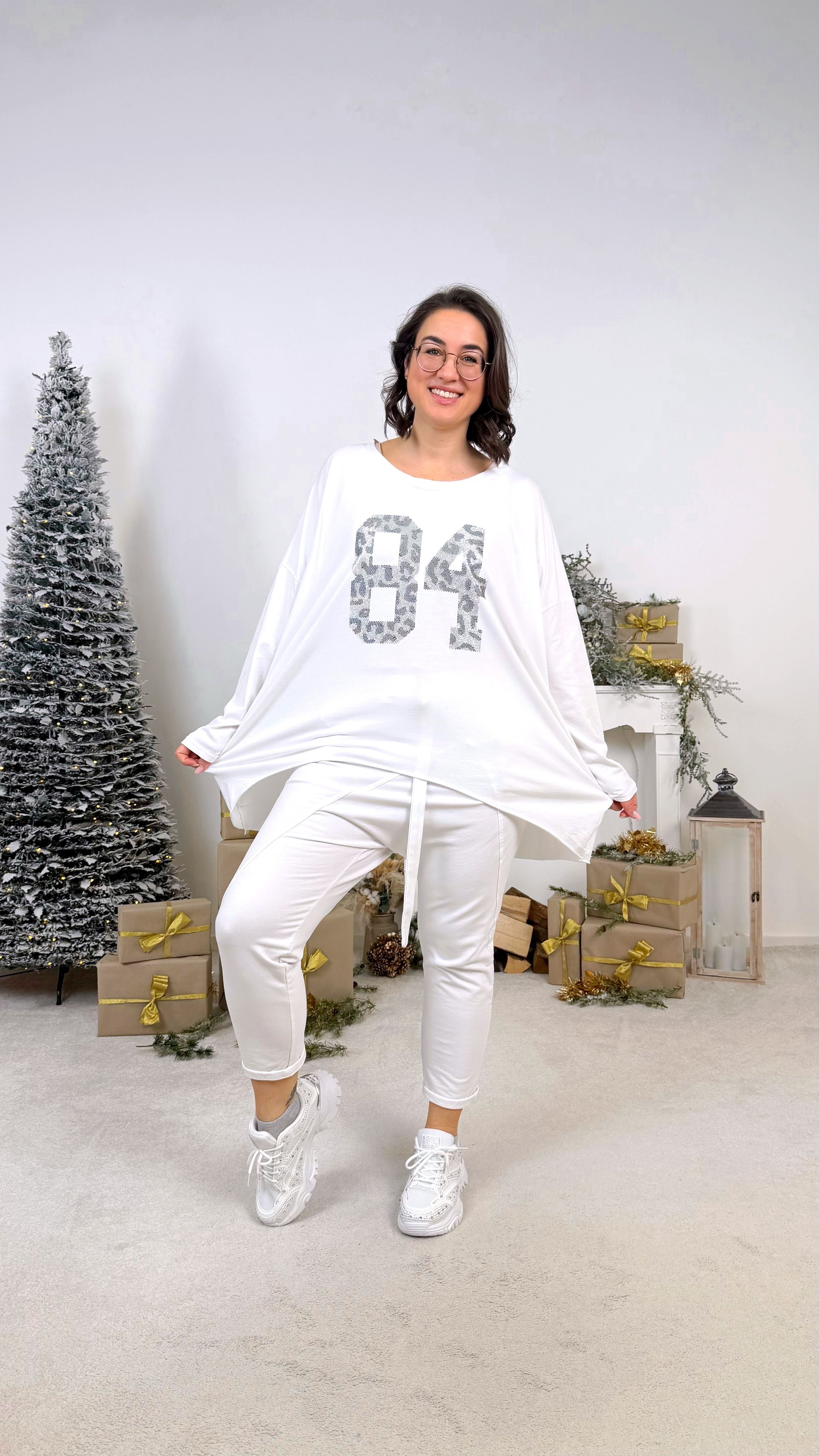 Oversized Langarmshirt Metallic Eightyfour *Weiß*