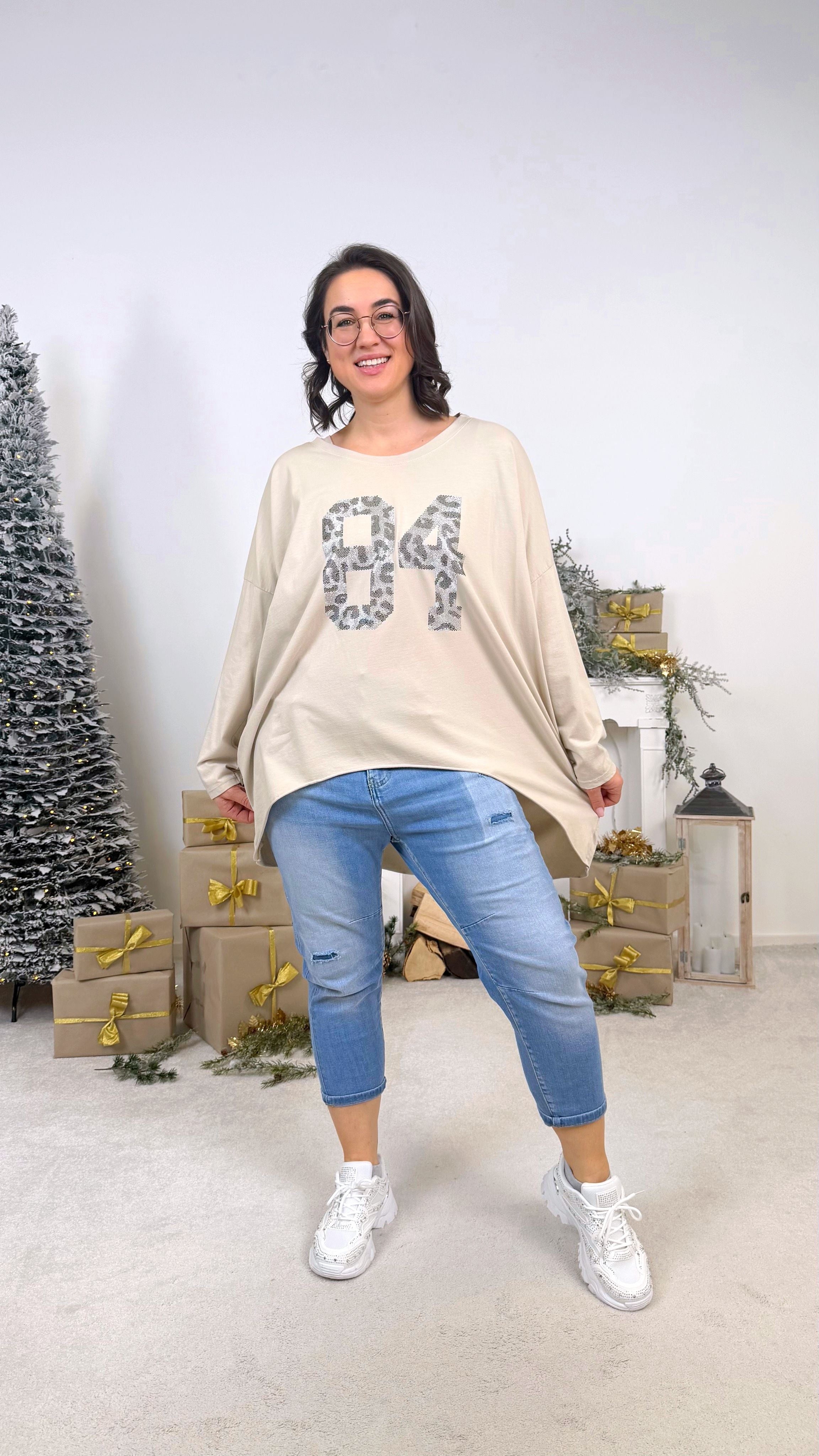 Oversized Langarmshirt Metallic Eightyfour *Beige*