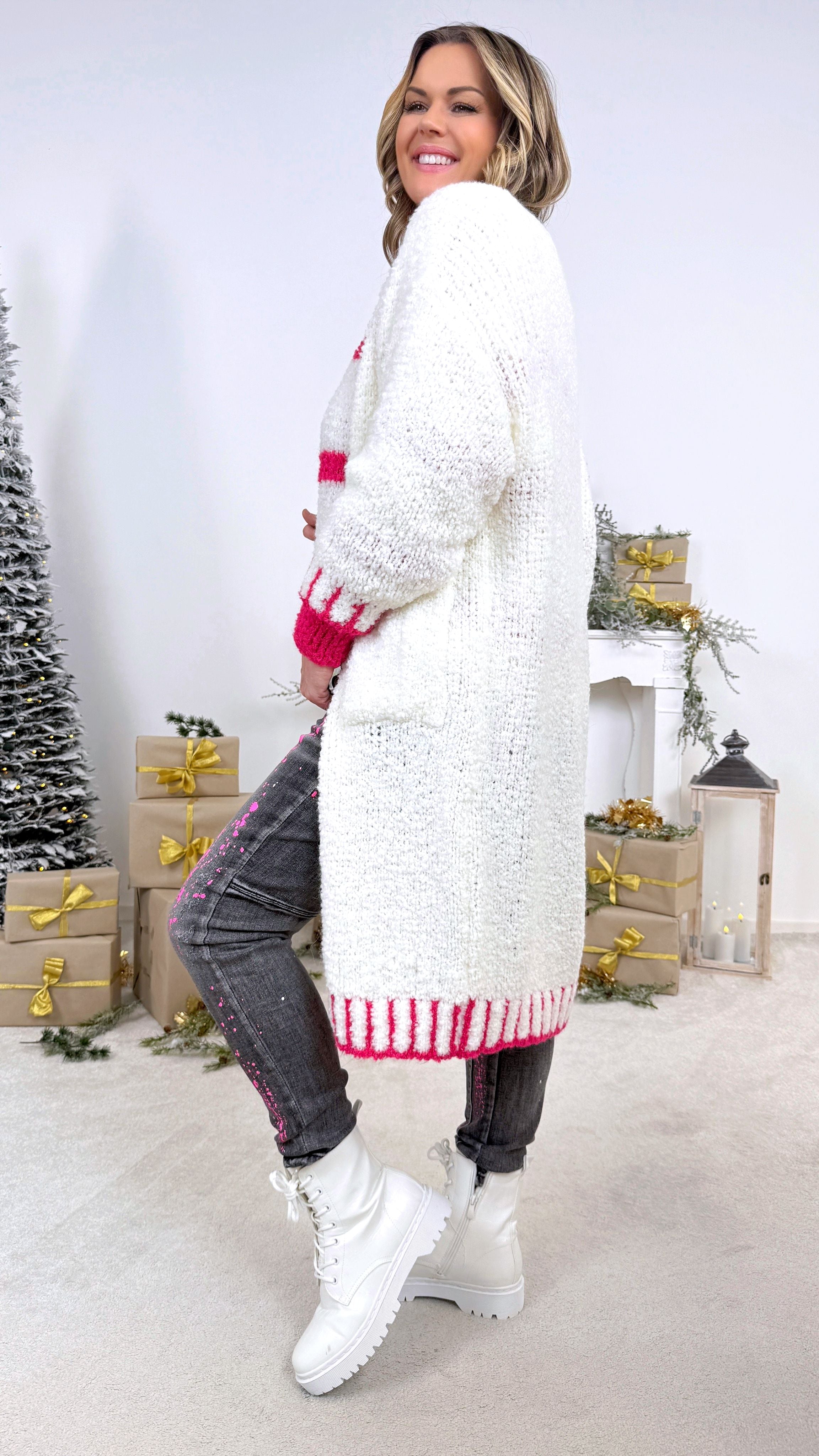 Strickjacke Fluffy Winter *Weiß/Pink*